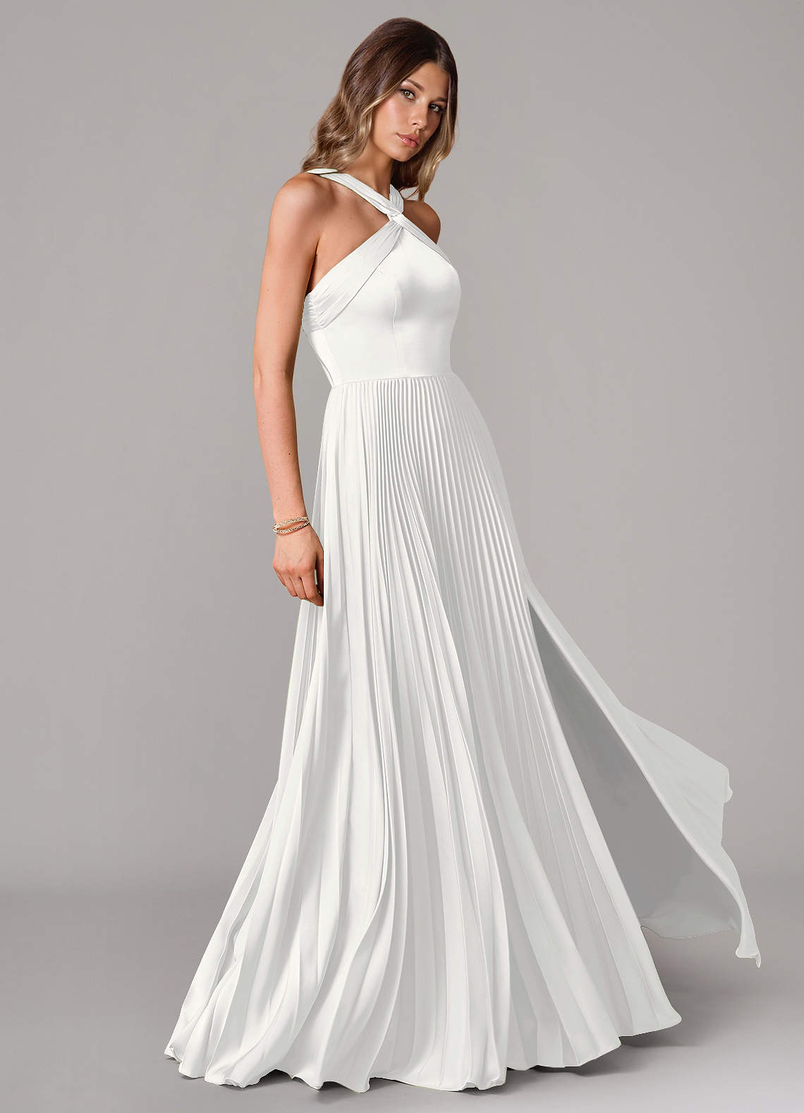 Afra A-Line Halter-Neck Stretch Satin Bridesmaid Dress in white