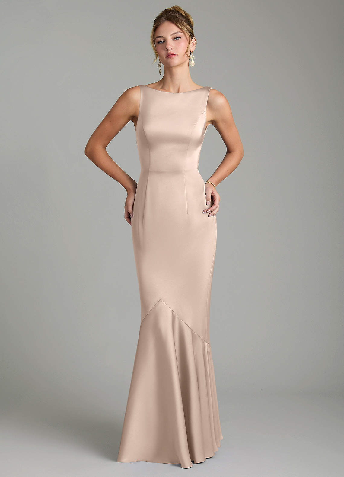 Tamera Mermaid Boat-Neck Stretch Satin and Chiffon Bridesmaid Dress in English Rose