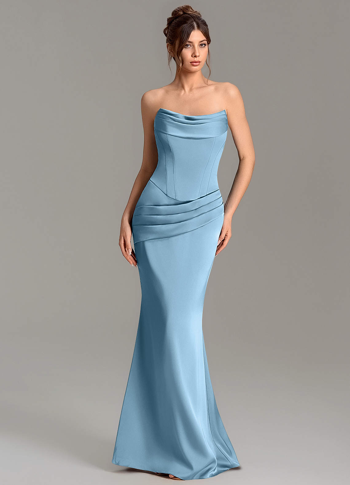 Adrienne Mermaid Cowl-Neck Stretch Satin Bridesmaid Dress in Steel Blue