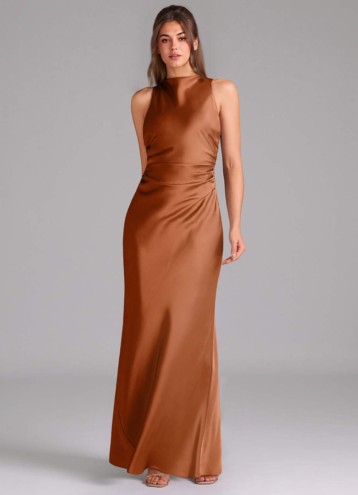 Evadne Sheath Scoop-Neck Stretch Satin Bridesmaid Dress in Copper
