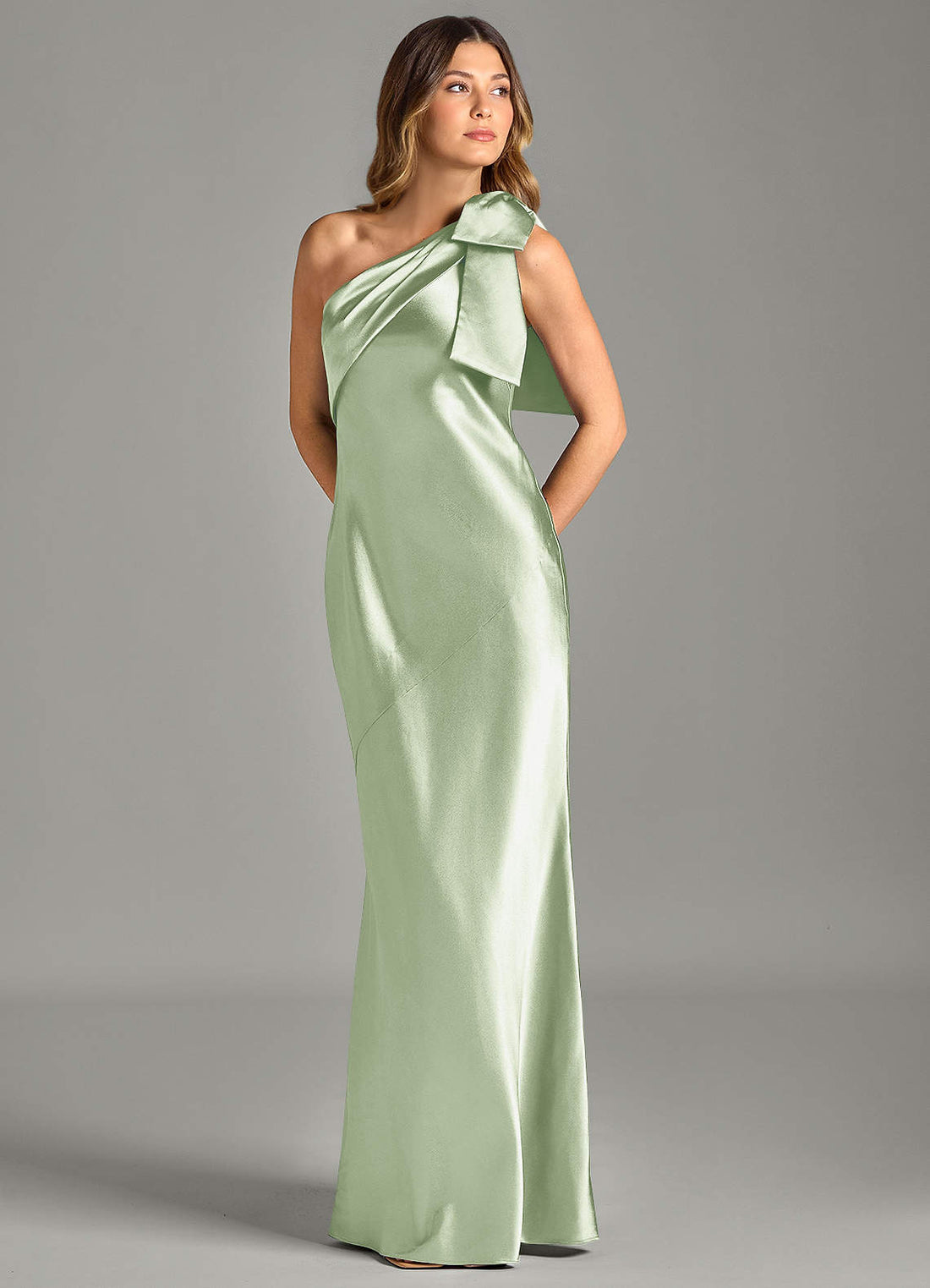 Yuanna Mermaid One-Shoulder Metallic Satin Bridesmaid Dress in Dusty Sage