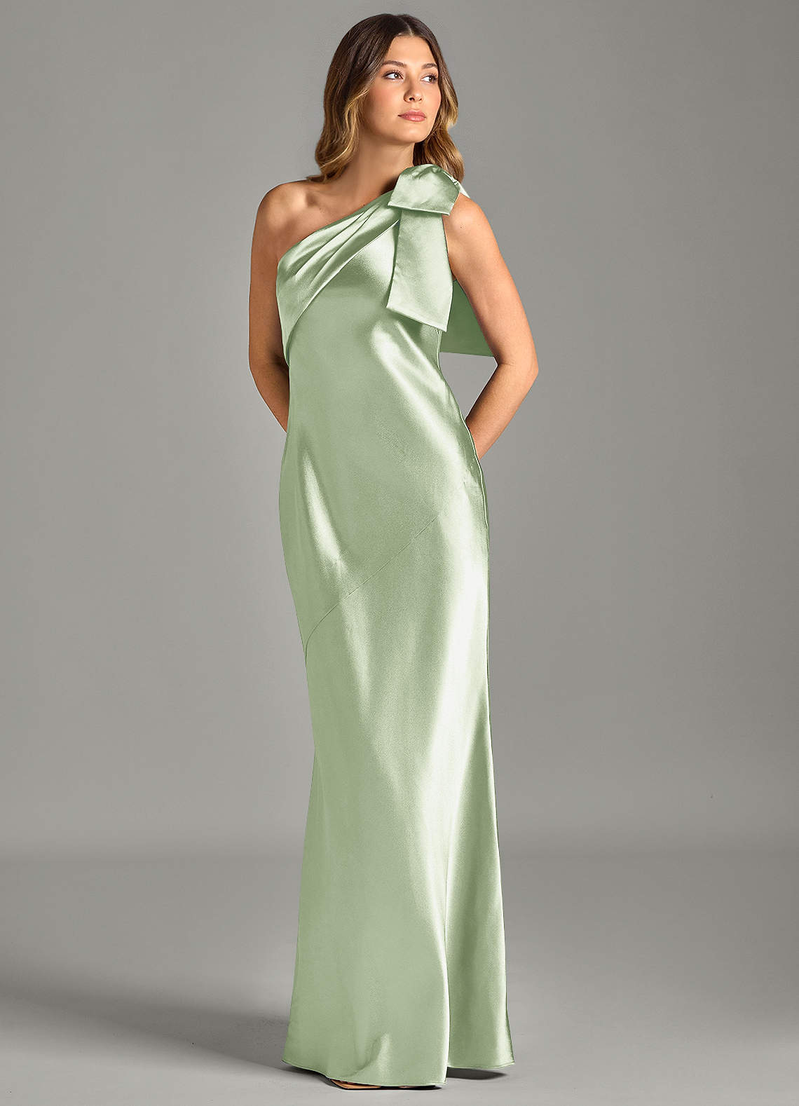 Yuanna Mermaid One-Shoulder Metallic Satin Bridesmaid Dress in Dusty Sage