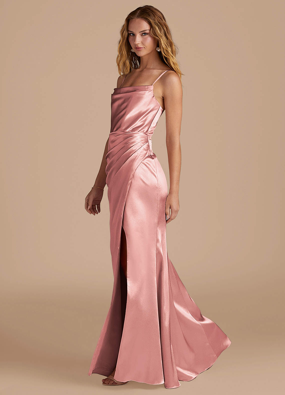 Marzia Mermaid Square-Neck Metallic Satin Bridesmaid Dress in dusty rose