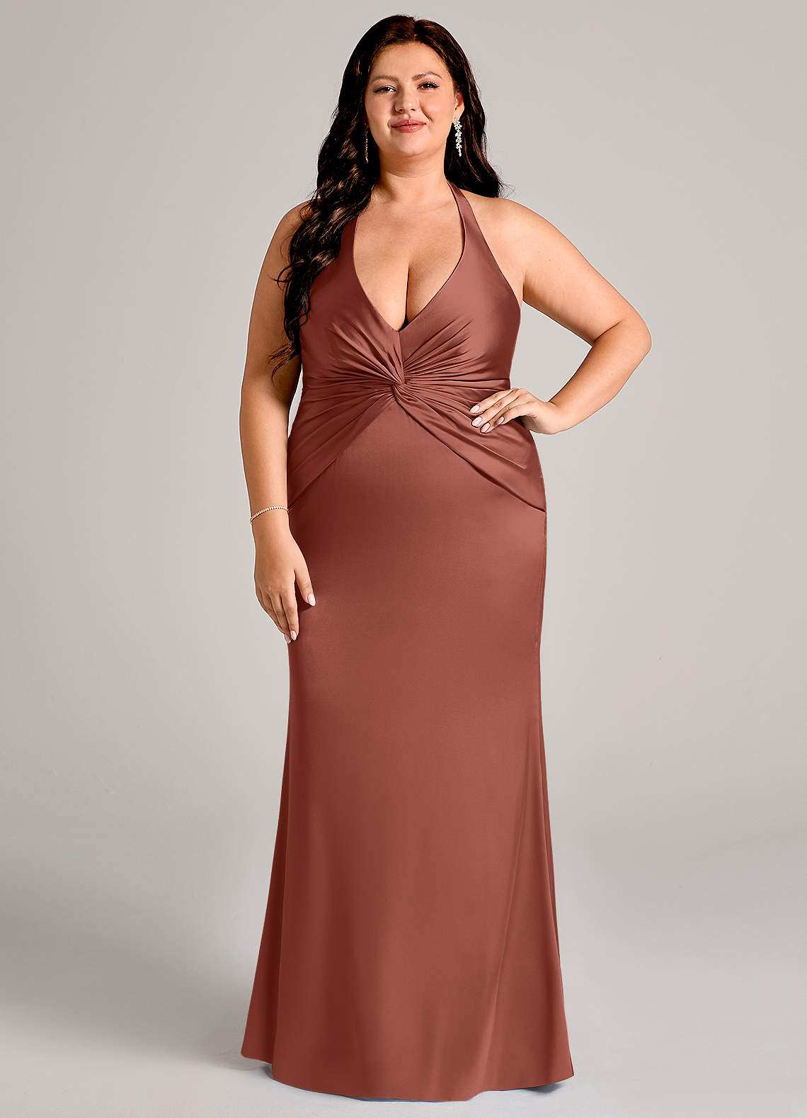 Valerie Mermaid V-Neck Stretch Satin Bridesmaid Dress in Auburn