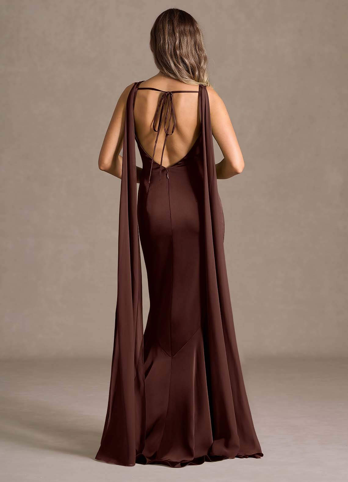 Wynne Mermaid Shoulder-Scarf Stretch Satin Evening Dress in Mocha Coco