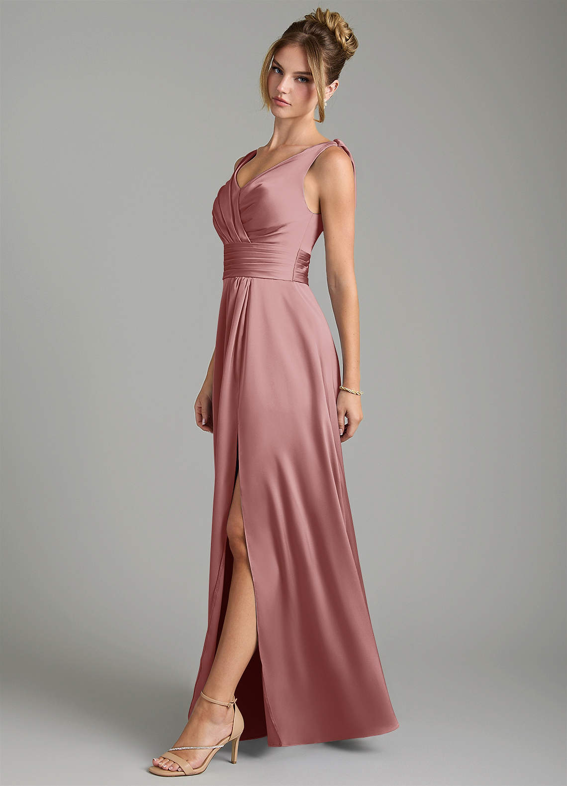 Karina A-Line V-Neck Stretch Satin Bridesmaid Dress in dusty rose