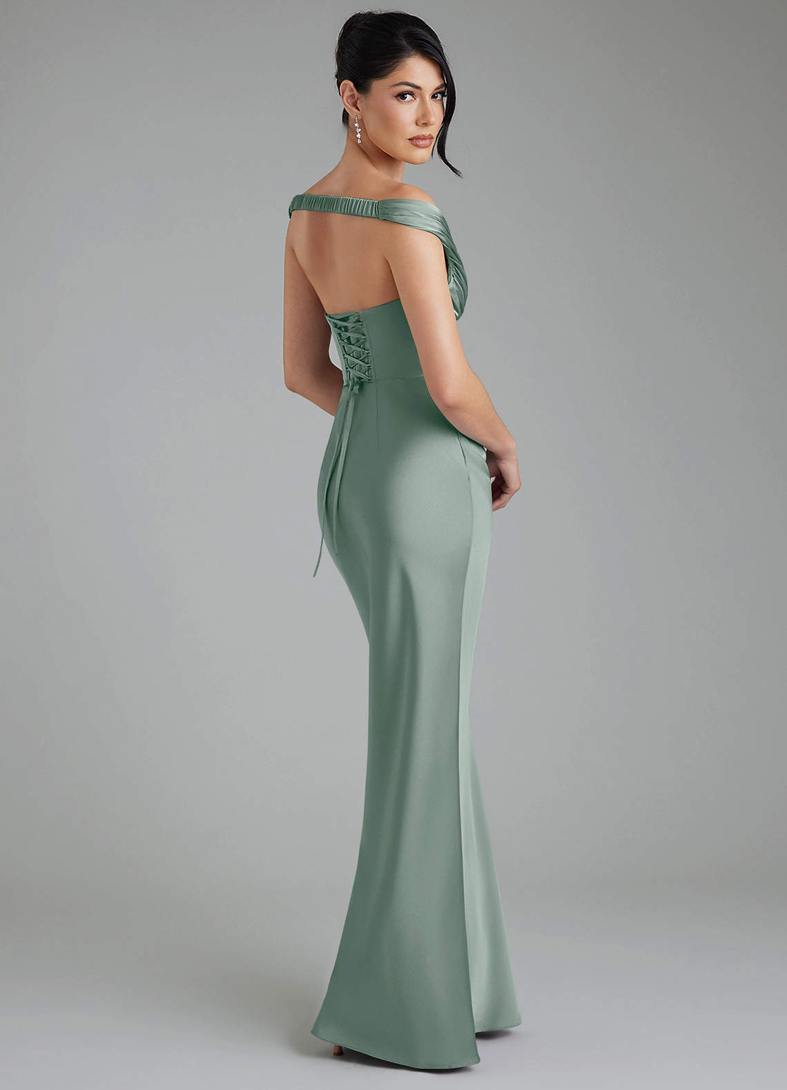 Stella Sheath V-Neck Stretch Satin Bridesmaid Dress in Silver Sage