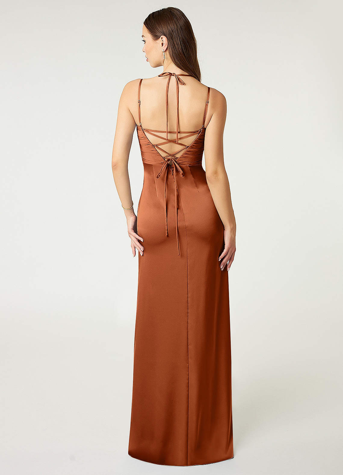 Desi Sheath Halter Stretch Satin Bridesmaid Dress in Copper