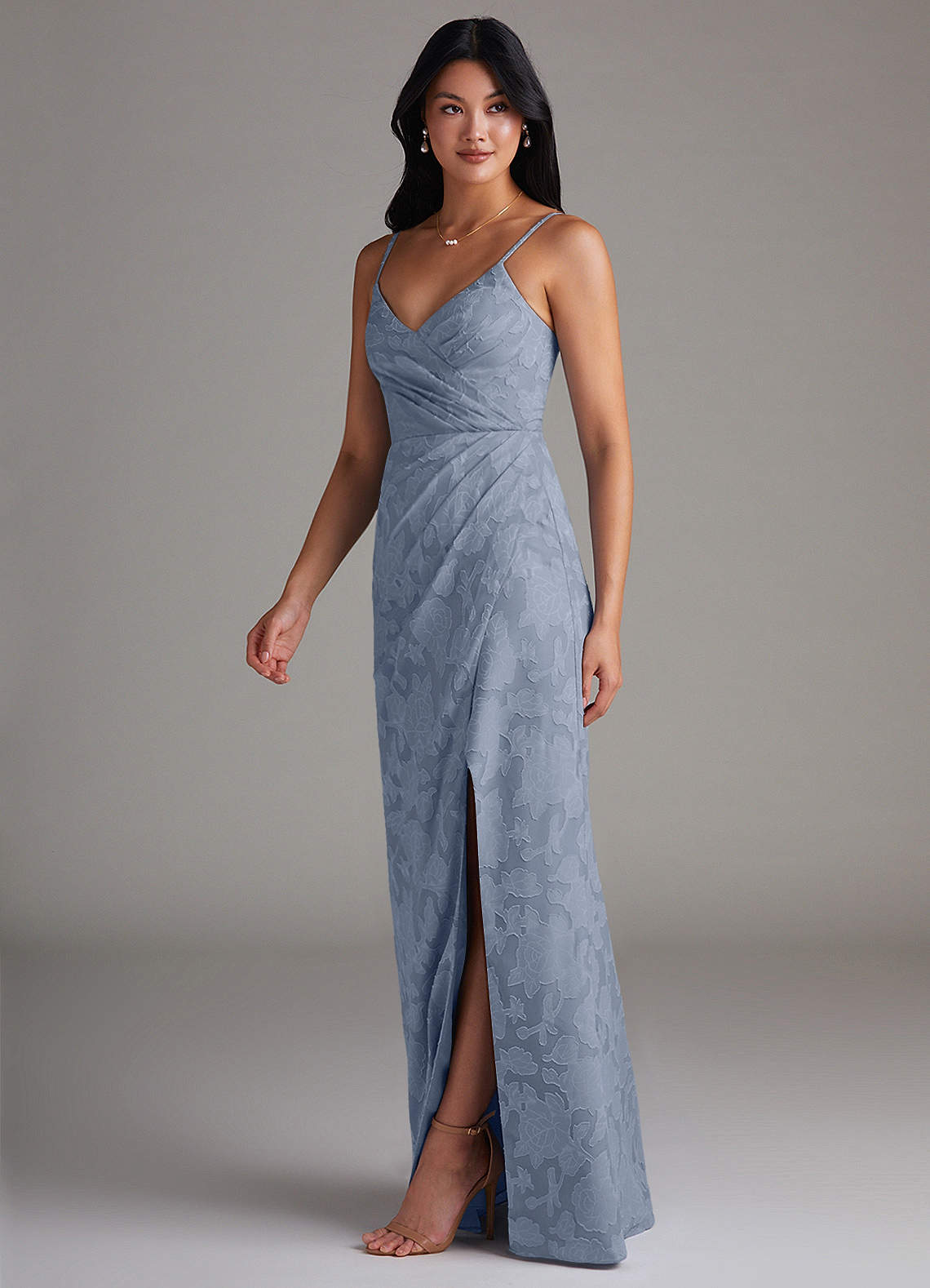 Maci Sheath V-Neck Floral Burnout Bridesmaid Dress in dusty blue