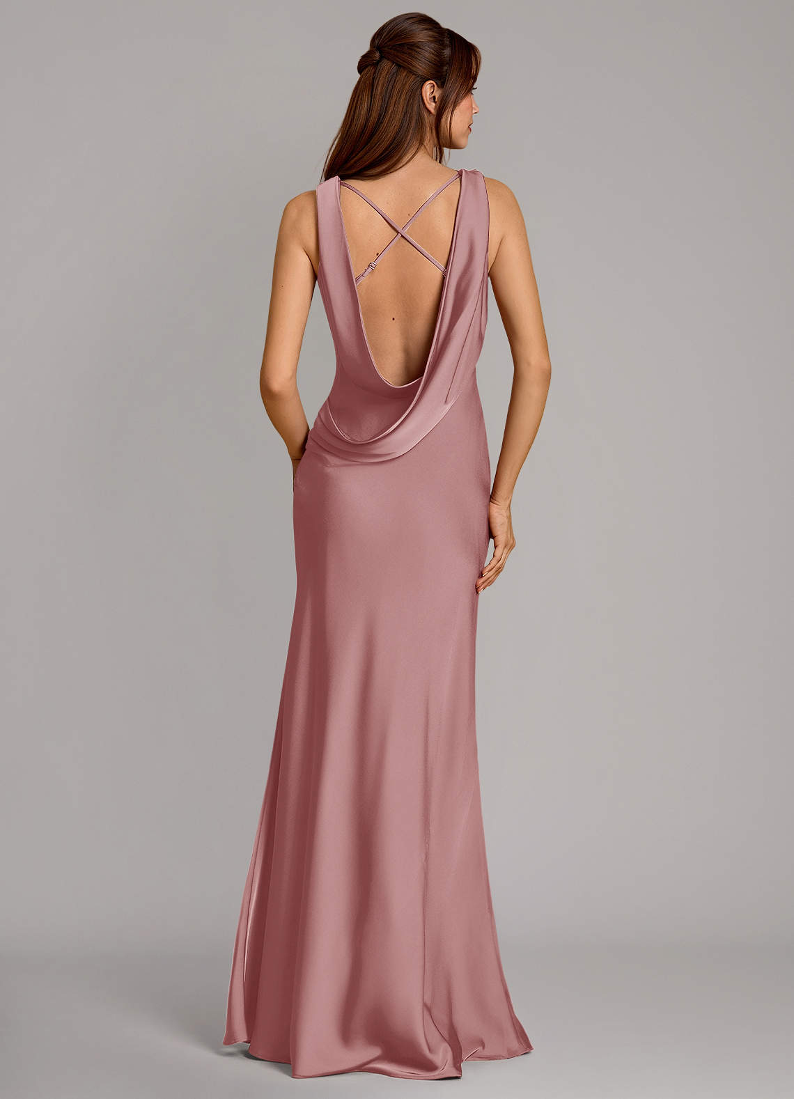 Cheryl Mermaid Cowl-Neck Stretch Satin Bridesmaid Dress in dusty rose