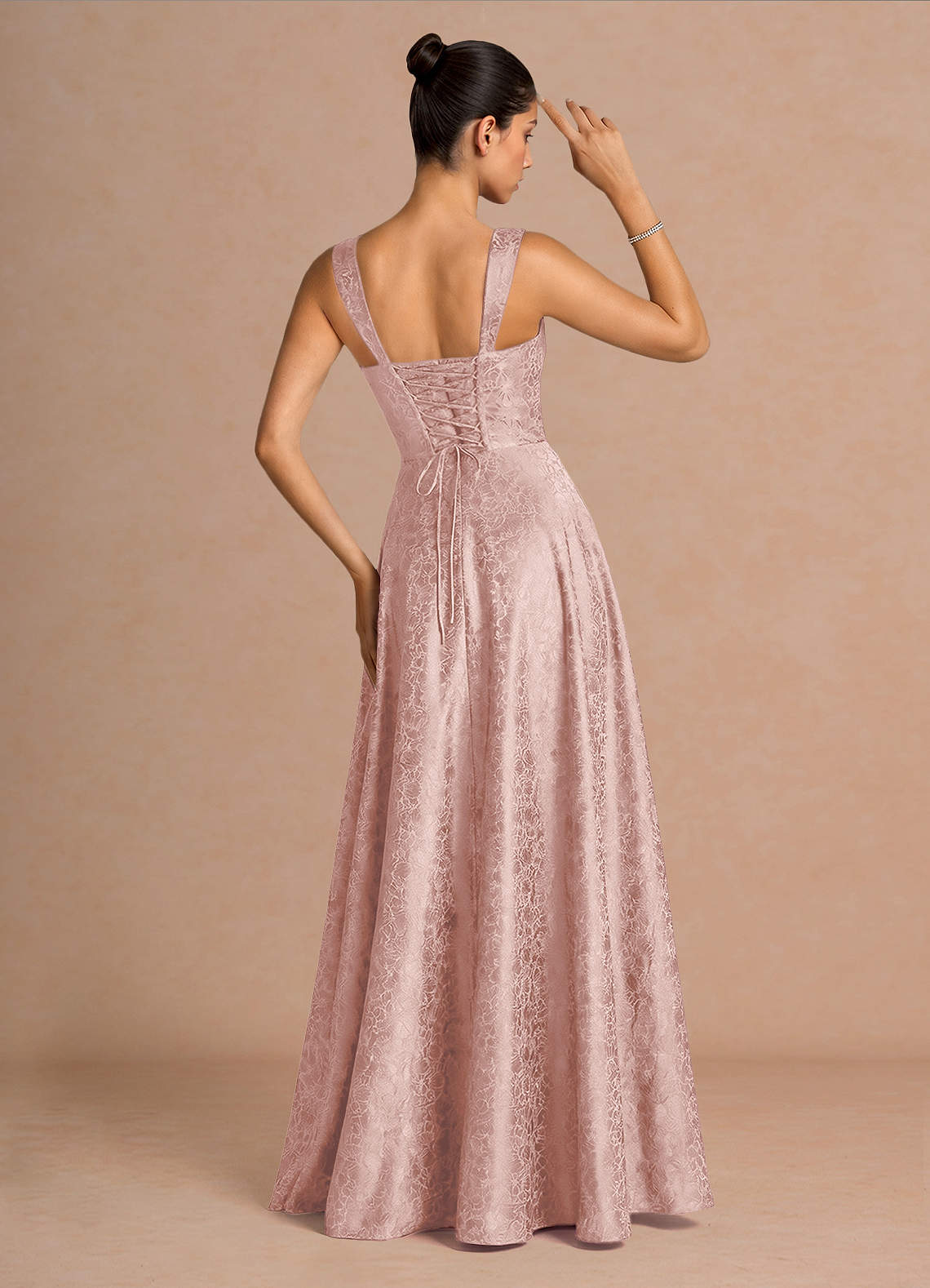 Elowena A-Line Square-Neck Satin Jacquard Evening Dress in Light Pink