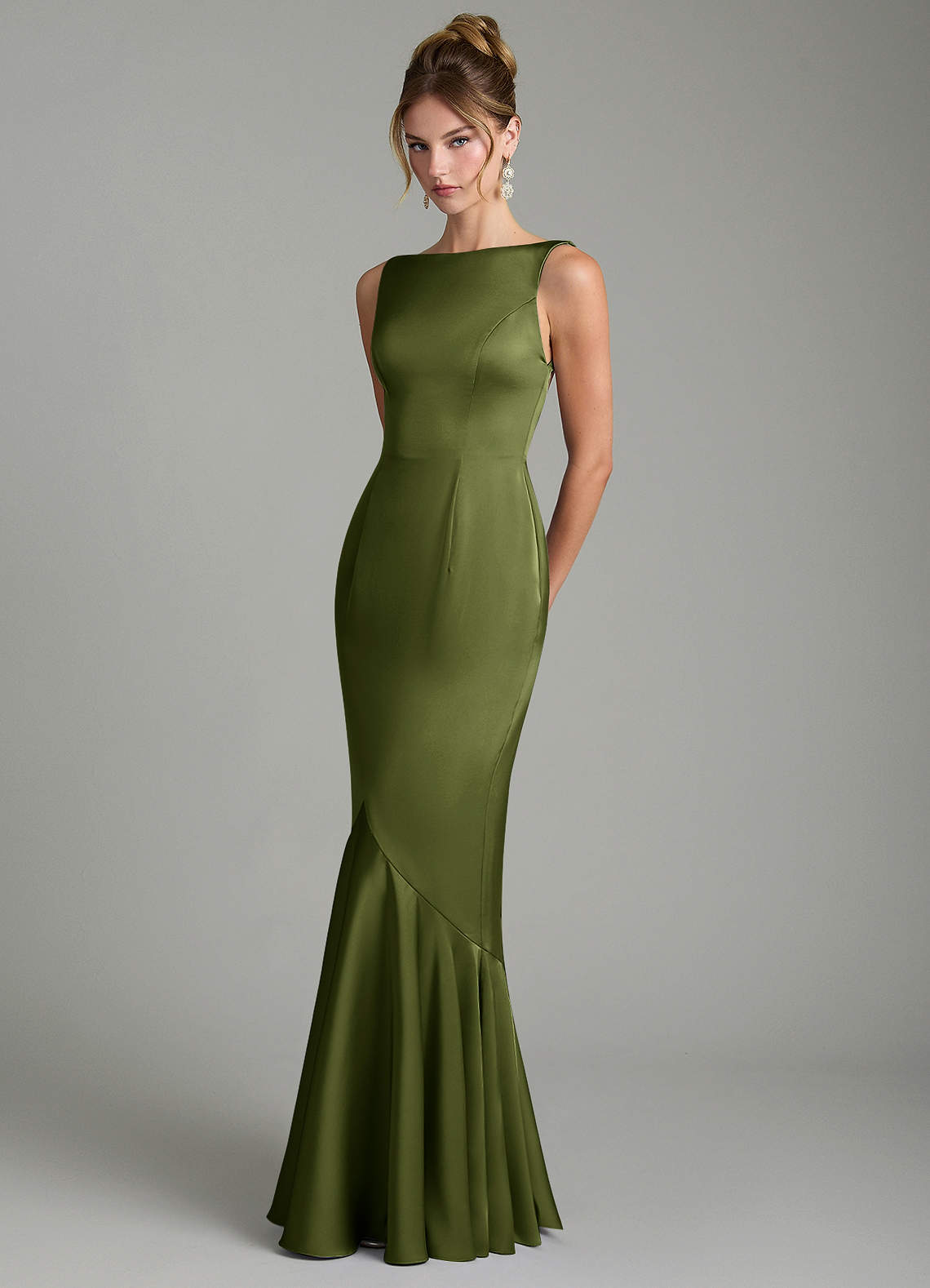 Tamera Mermaid Boat-Neck Stretch Satin and Chiffon Bridesmaid Dress in Olive