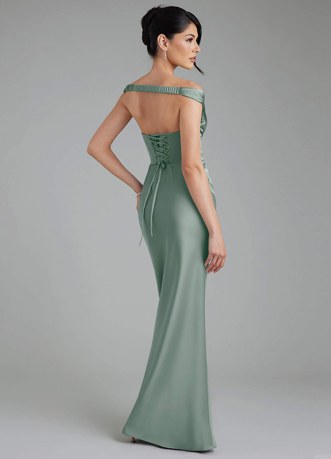Stella Sheath V-Neck Stretch Satin Bridesmaid Dress in Silver Sage