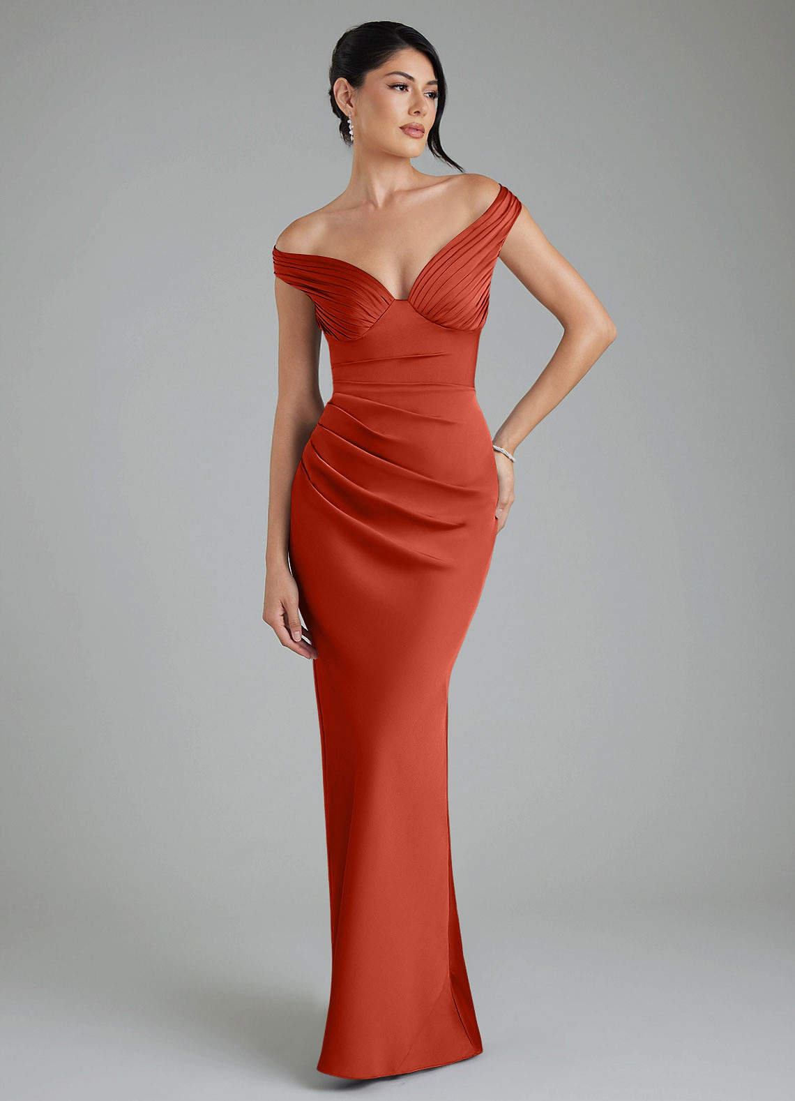 Stella Sheath V-Neck Stretch Satin Bridesmaid Dress in Rust