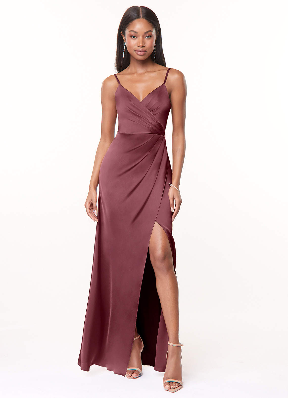 Maci A-Line V-Neck Stretch Satin Bridesmaid Dress in Desert Rose