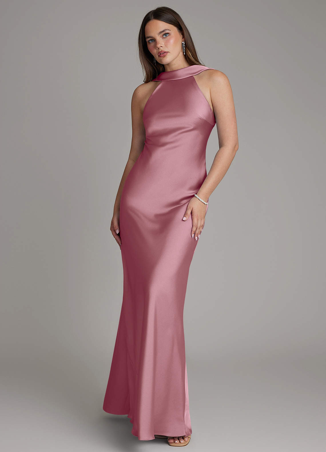 Dimitra Sheath Halter Stretch Satin Bridesmaid Dress in Vintage Mauve