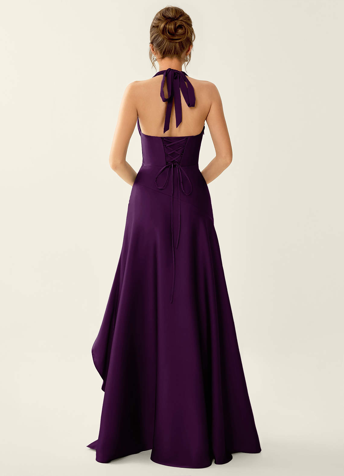 Titania Halter Asymmetric-Ruffle Satin Evening Dress in Grape