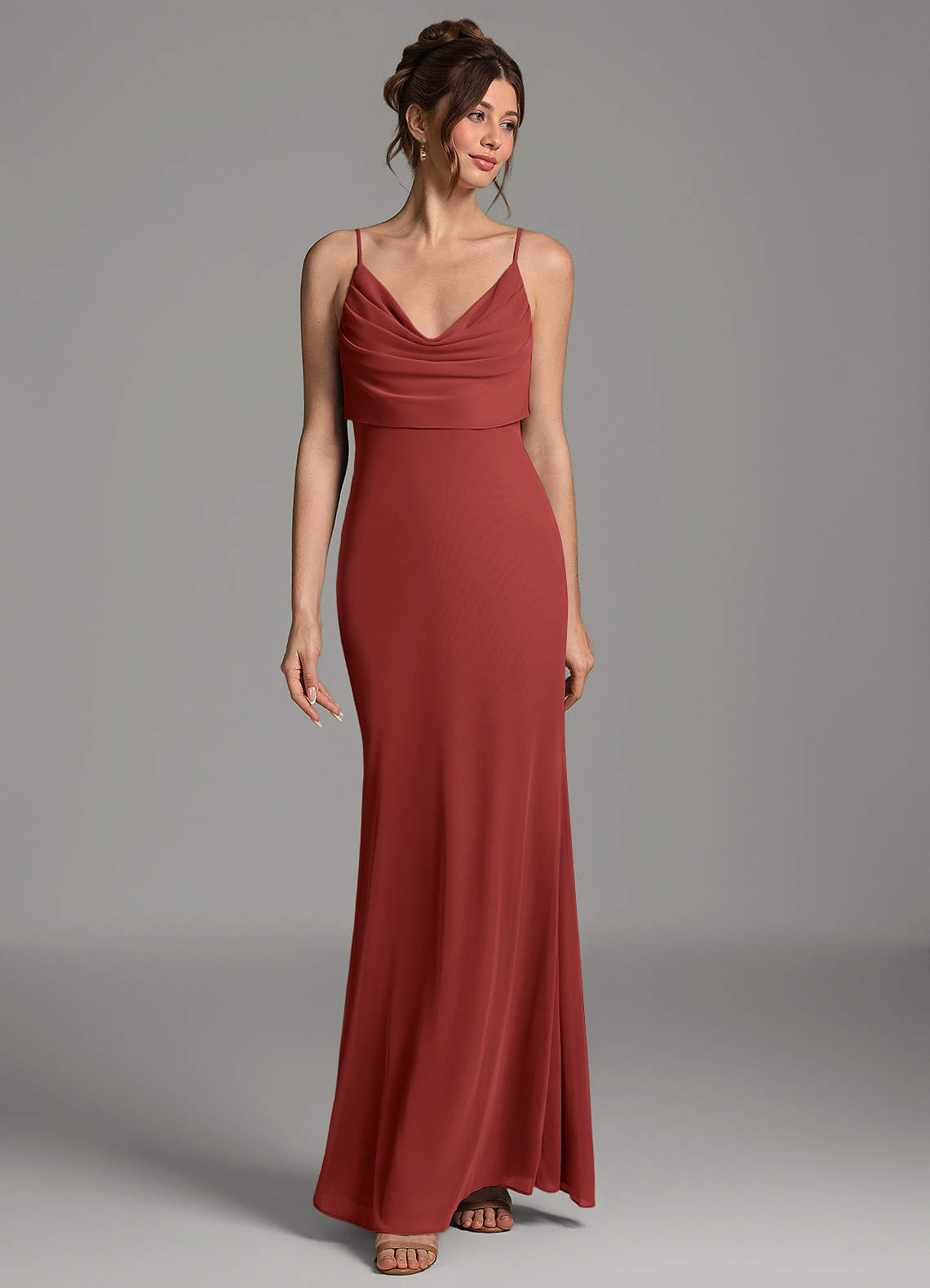Zari Mermaid Cowl-Neck Mesh Bridesmaid Dress in Rust