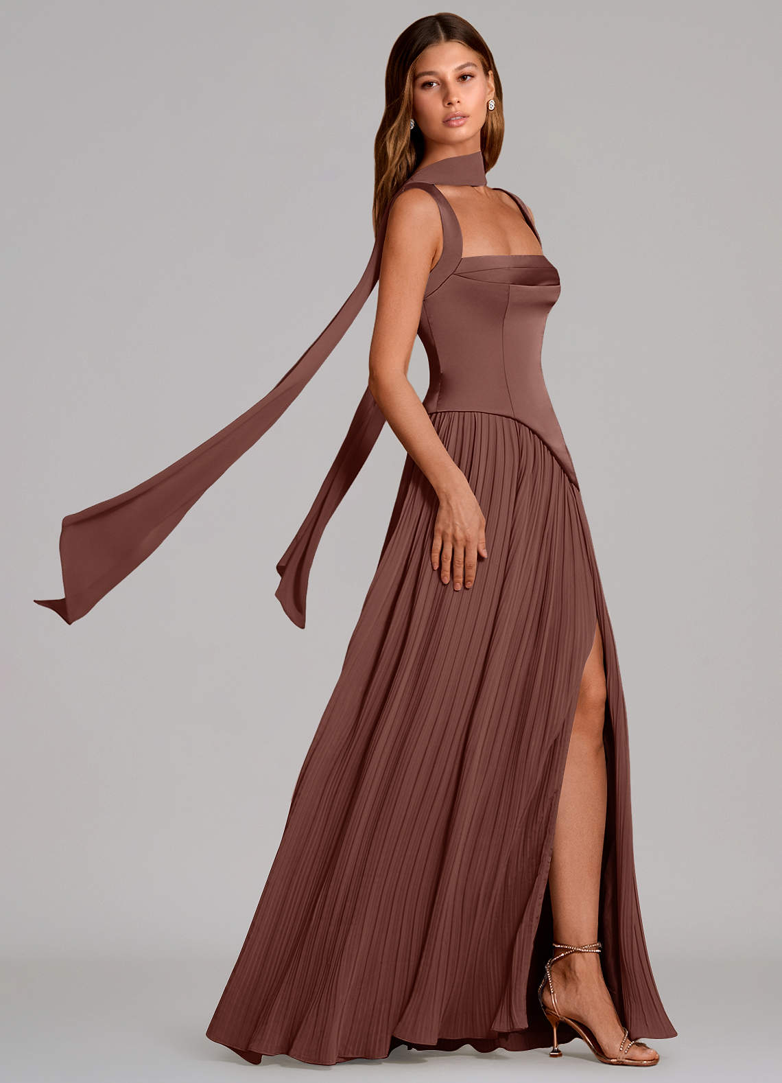 Stephanie A-Line Square-Neck Stretch Satin and Chiffon Bridesmaid Dress in Espresso