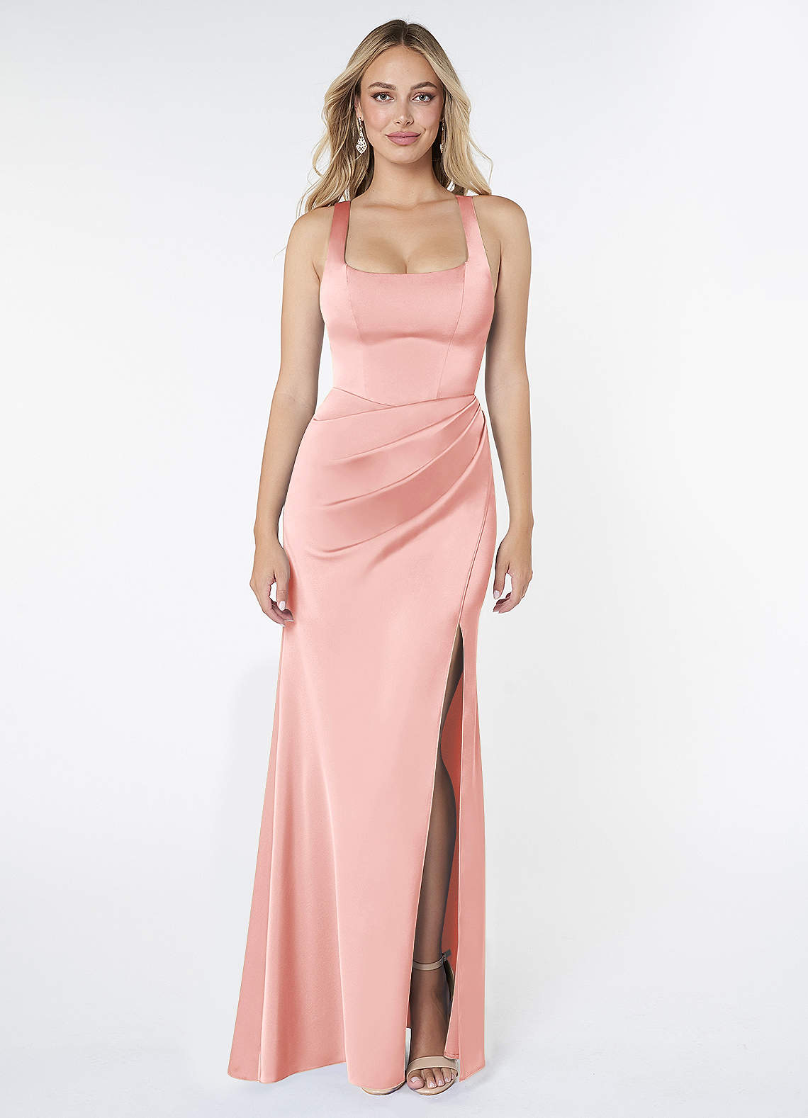 Mero Mermaid Square-Neck Stretch Satin Bridesmaid Dress in Powder Pink