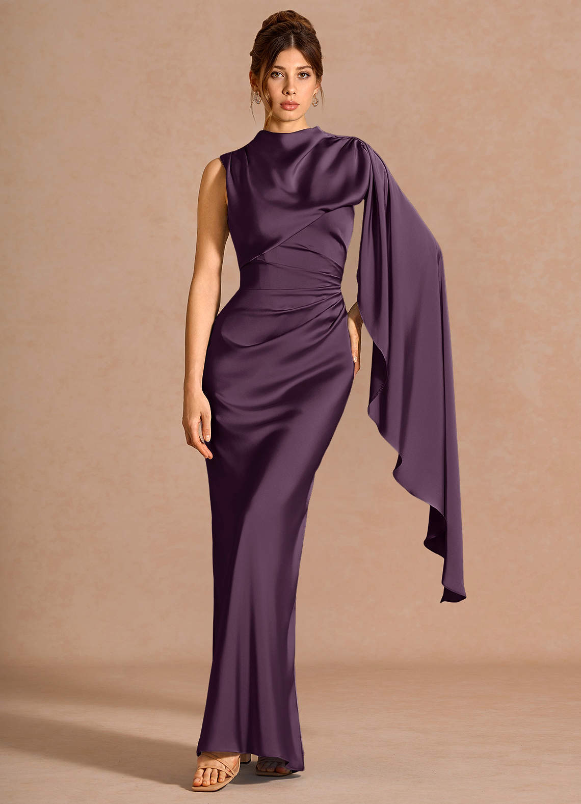 Chesney Cape-Sleeve Pleated Stretch Satin Wedding Guest Dress in Dusty Blue