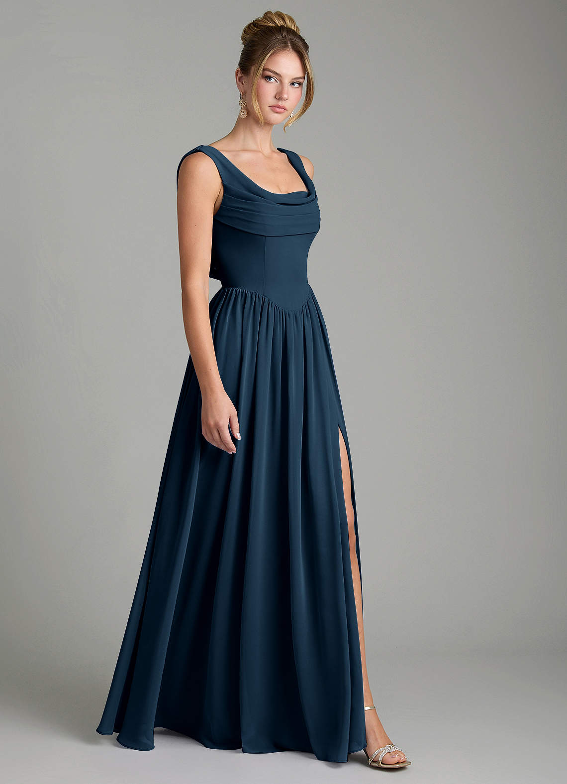 Novi A-Line Square-Neck Chiffon Bridesmaid Dress in Dark Navy