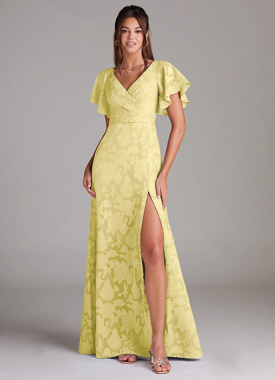 Ambrosia A-Line V-Neck Floral Burnout Bridesmaid Dress in Canary