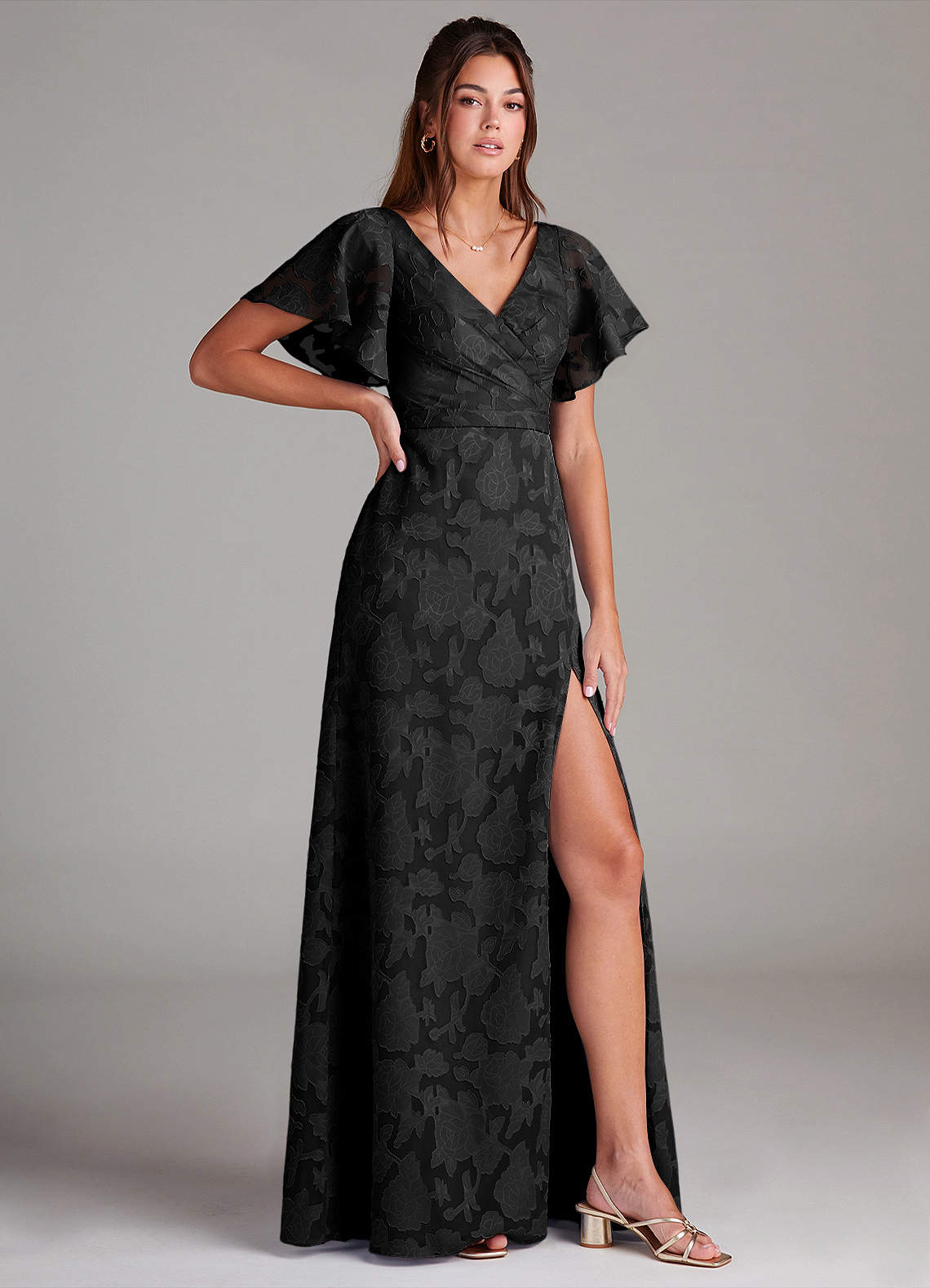 Ambrosia A-Line V-Neck Floral Burnout Bridesmaid Dress in black