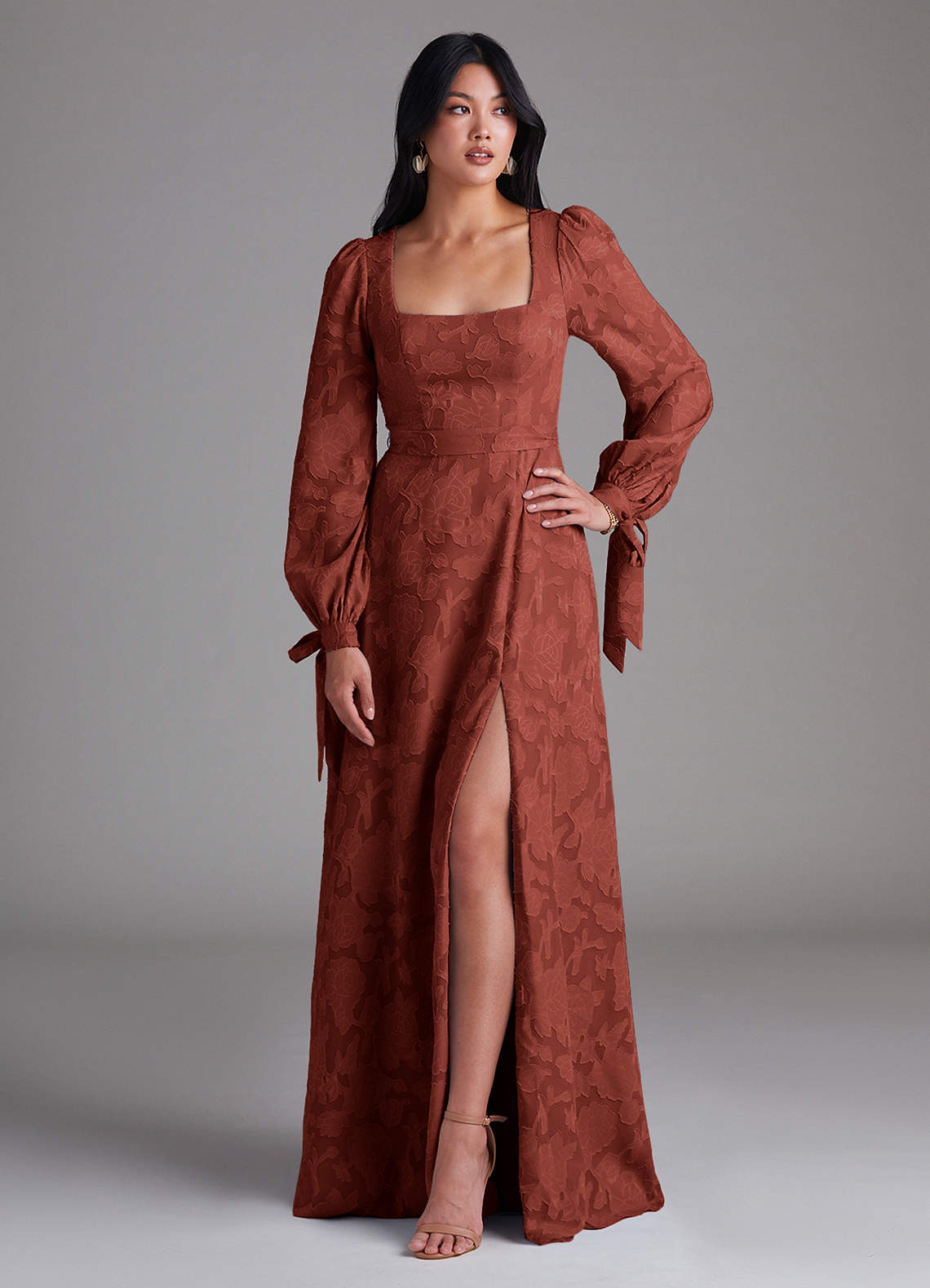 Leonia A-Line Square-Neck Stretch Satin Bridesmaid Dress in Terracotta