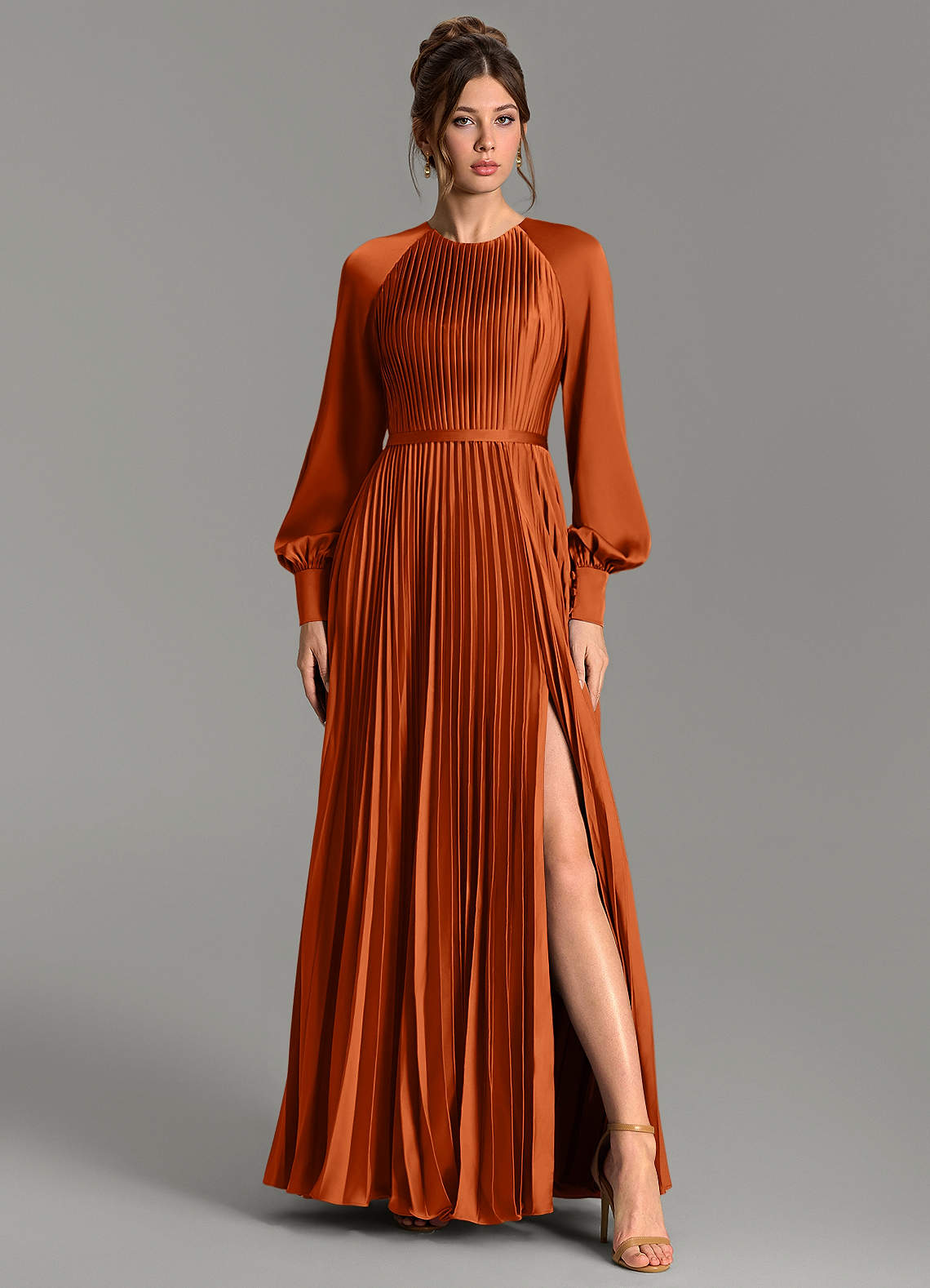 Grayson A-Line Scoop-Neck Stretch Satin Bridesmaid Dress in Burnt Orange