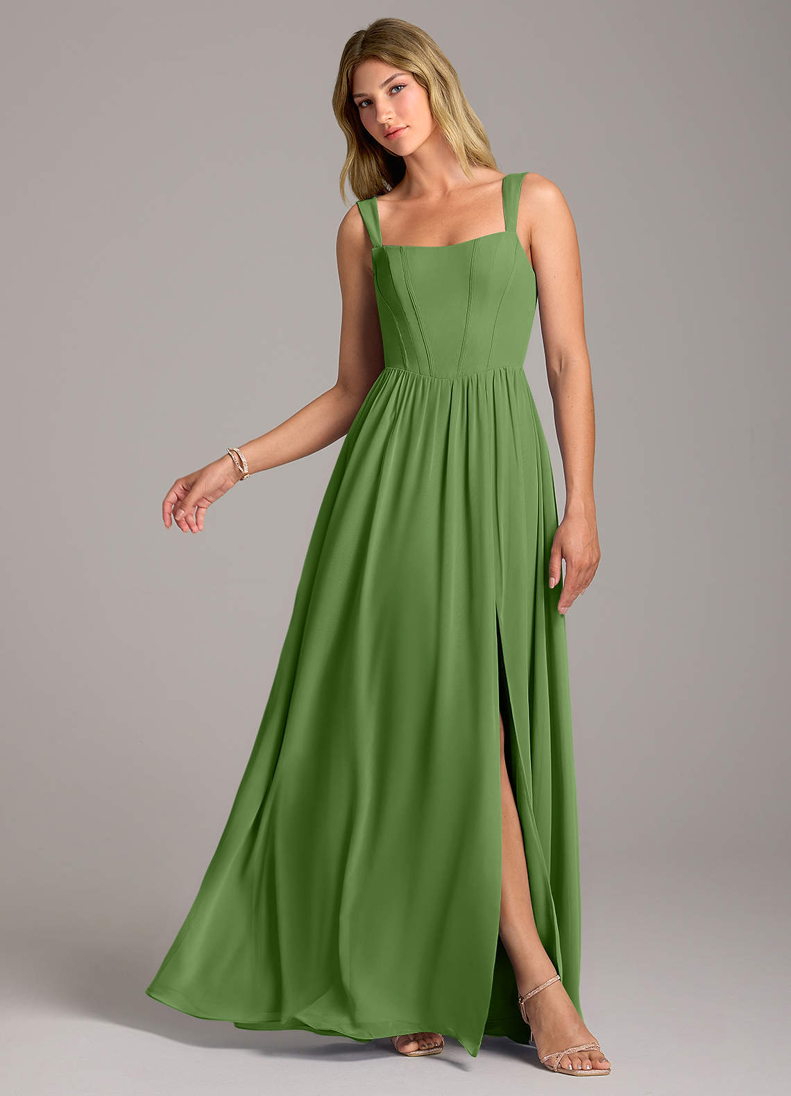Rosaline A-Line Square-Neck Chiffon Bridesmaid Dress in Basil
