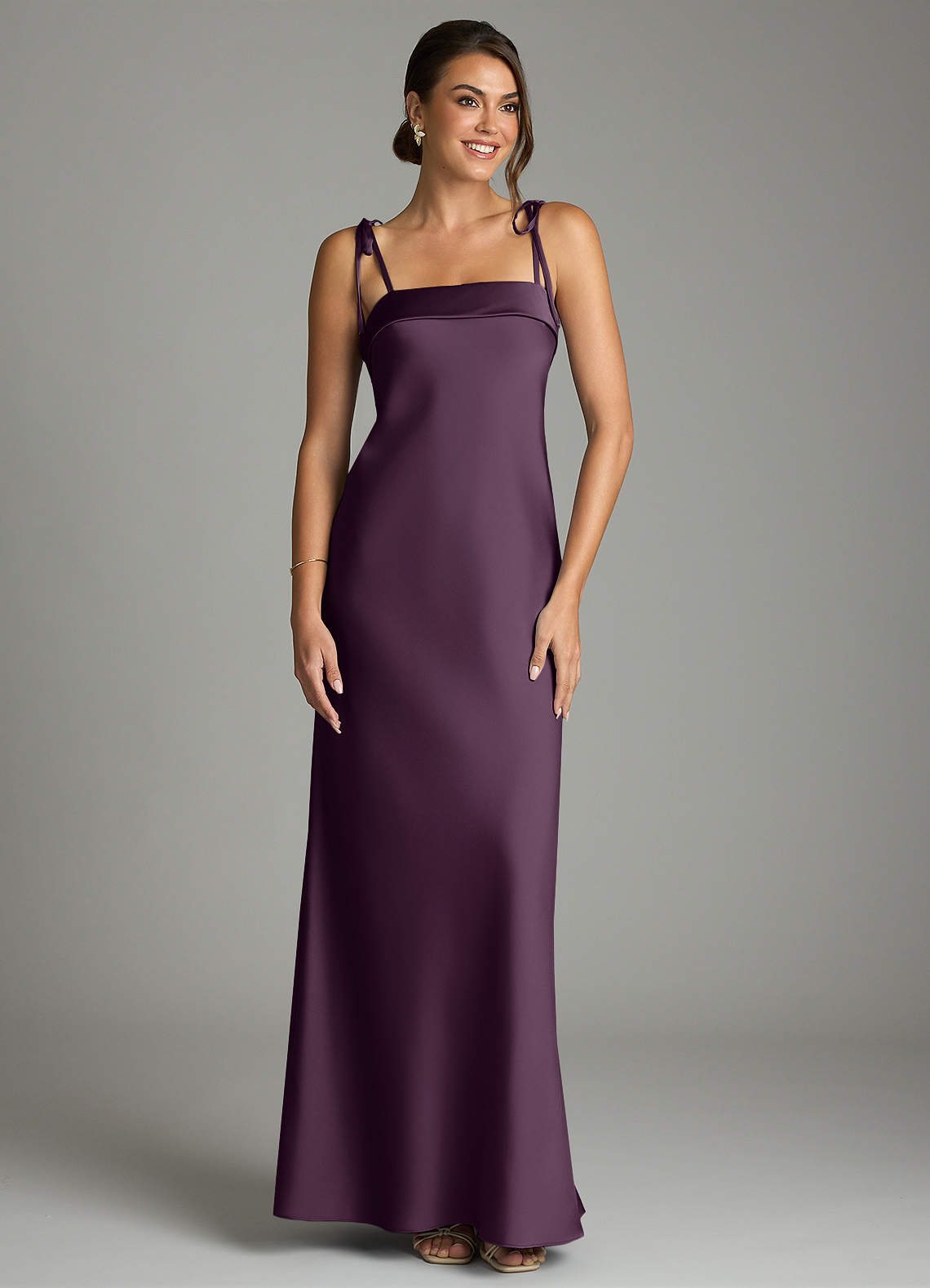 Ellia Sheath Straight-Neck Stretch Satin Bridesmaid Dress in Plum
