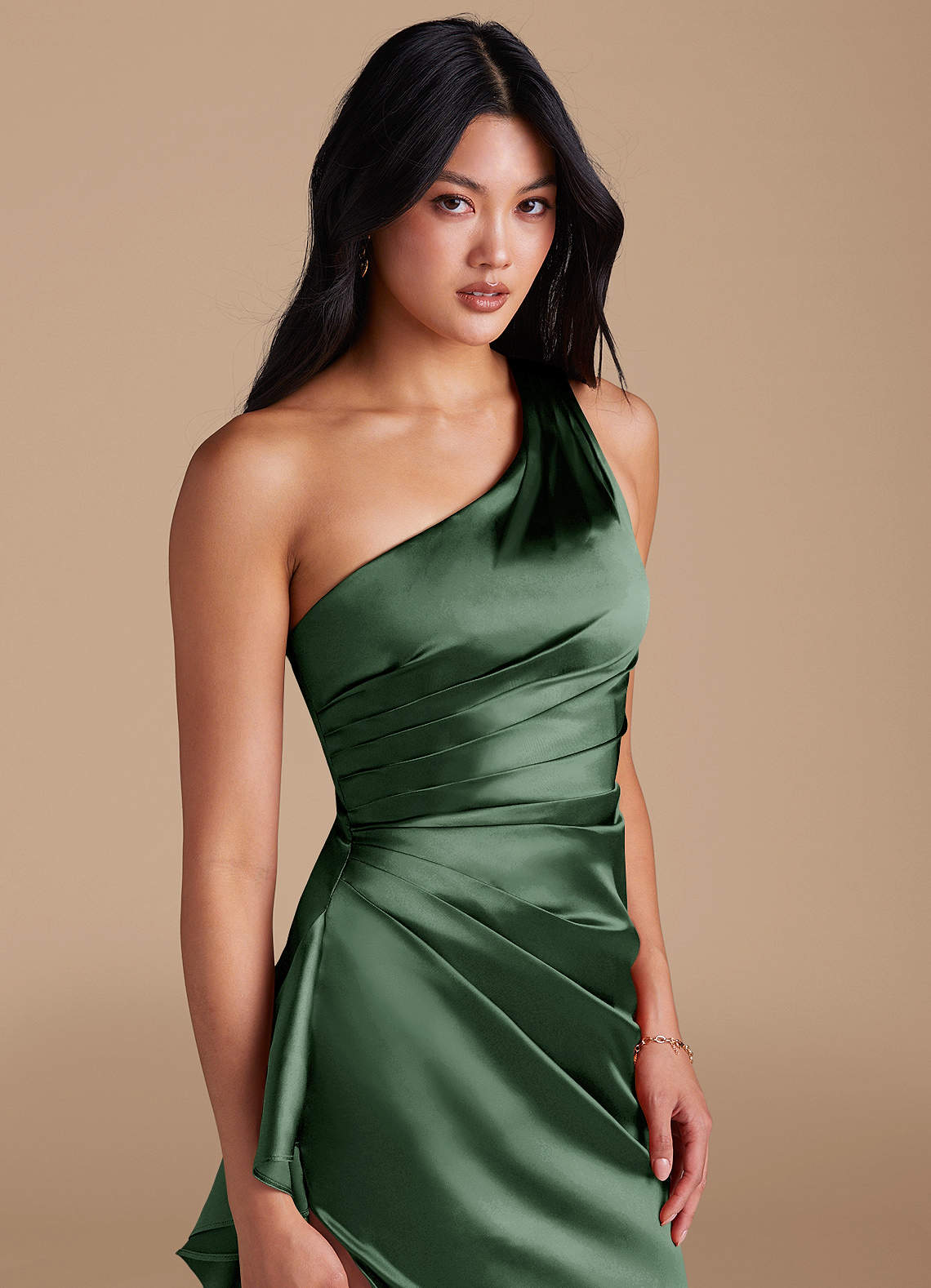Latrice Sheath One-Shoulder Metallic Satin Bridesmaid Dress in Eucalyptus
