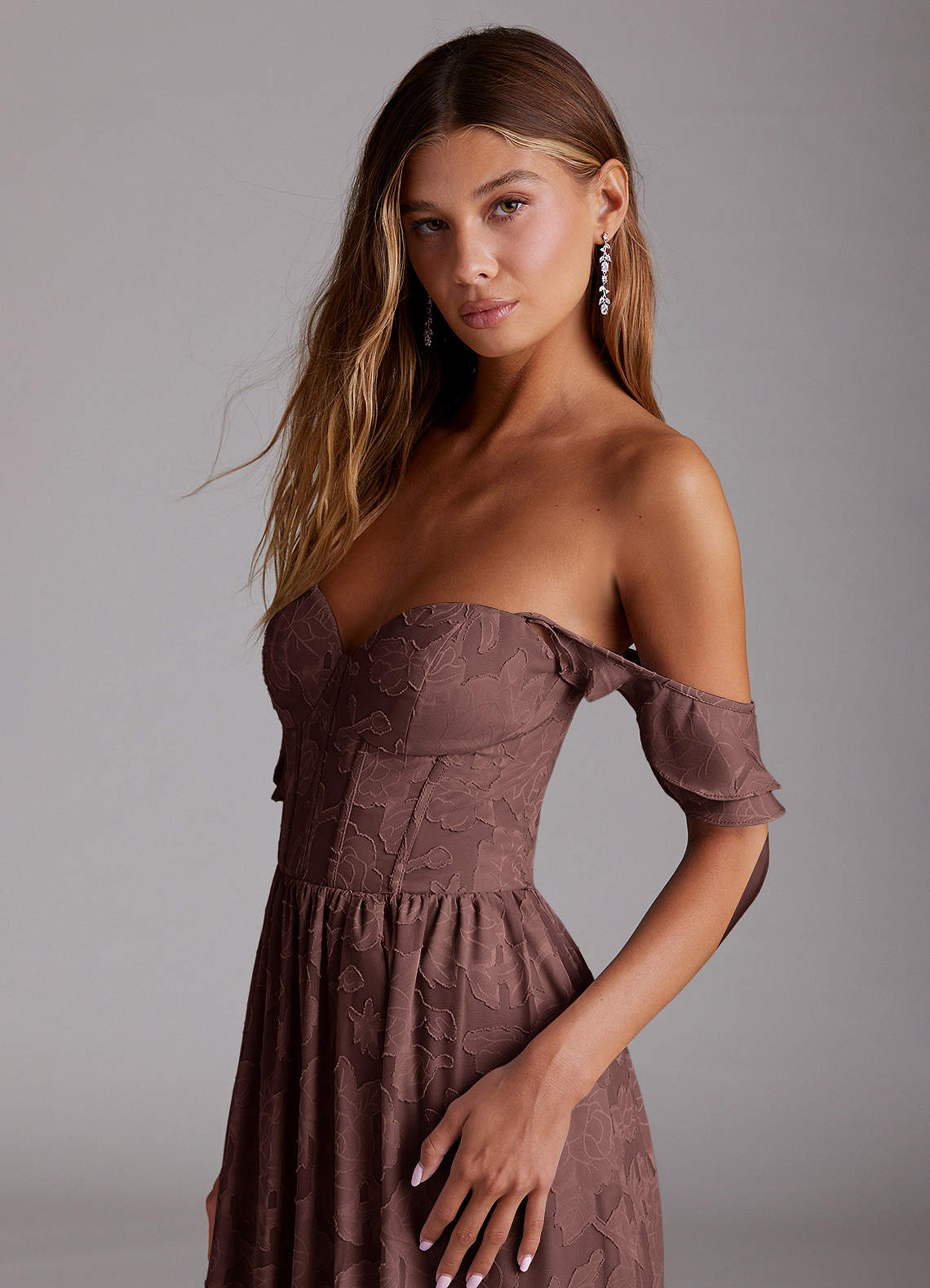 Denisse A-Line Sweetheart Floral Burnout Wedding Guest Dress in Mocha Coco