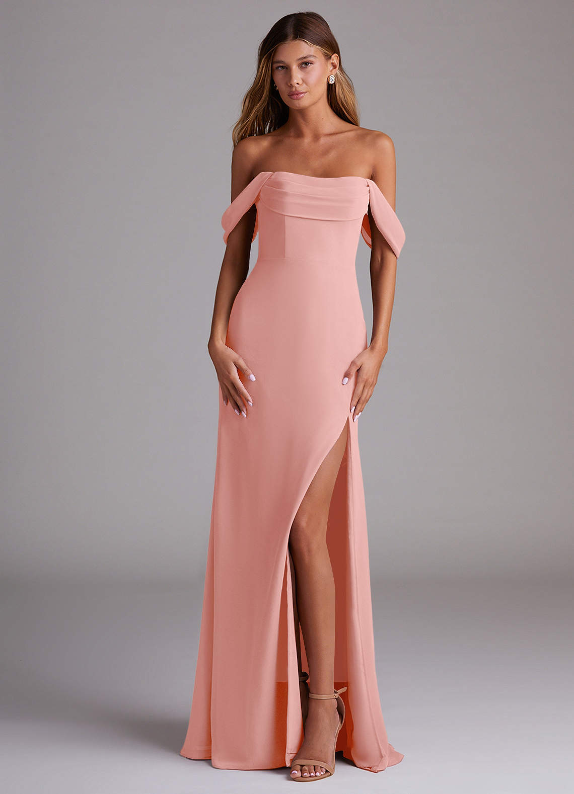 Saige A-Line Off-the-Shoulder Chiffon Bridesmaid Dress in Rosette