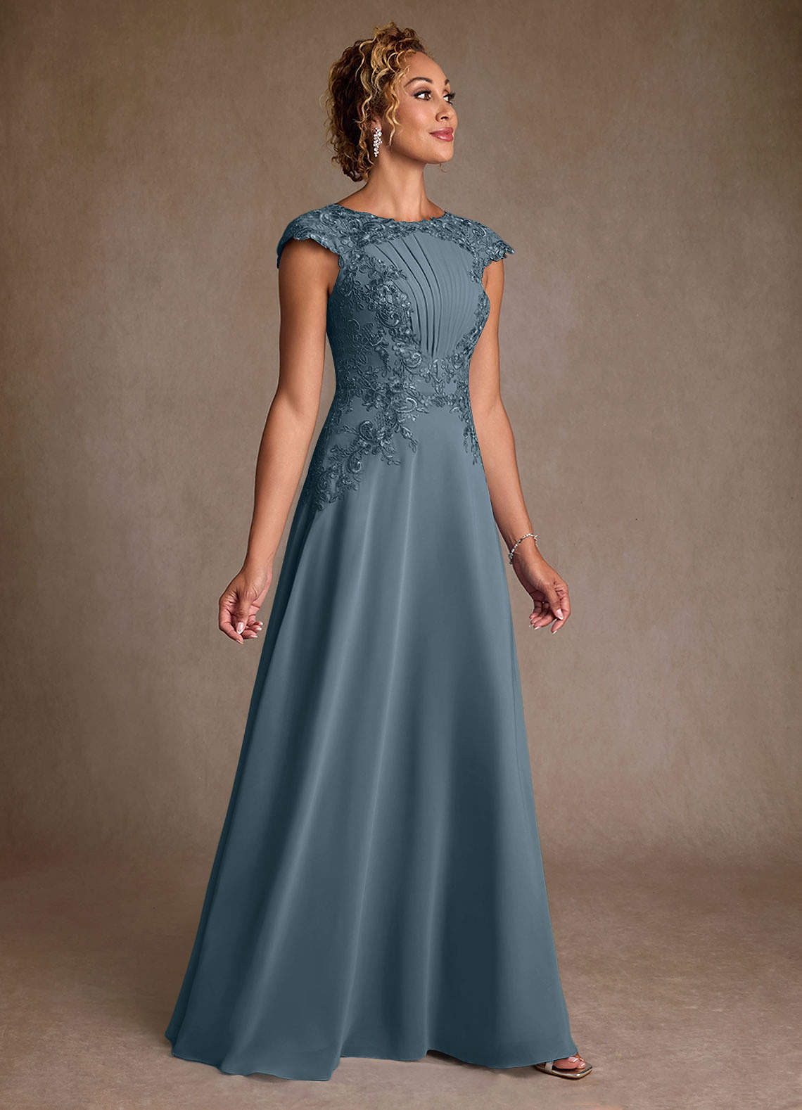 Christi A-Line Scoop-Neck Chiffon and Lace Mother of the Bride Dress in Twilight