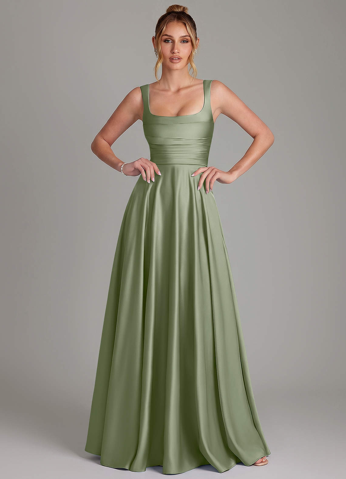 Azaria A-Line Square-Neck Stretch Satin Bridesmaid Dress in Pistachio