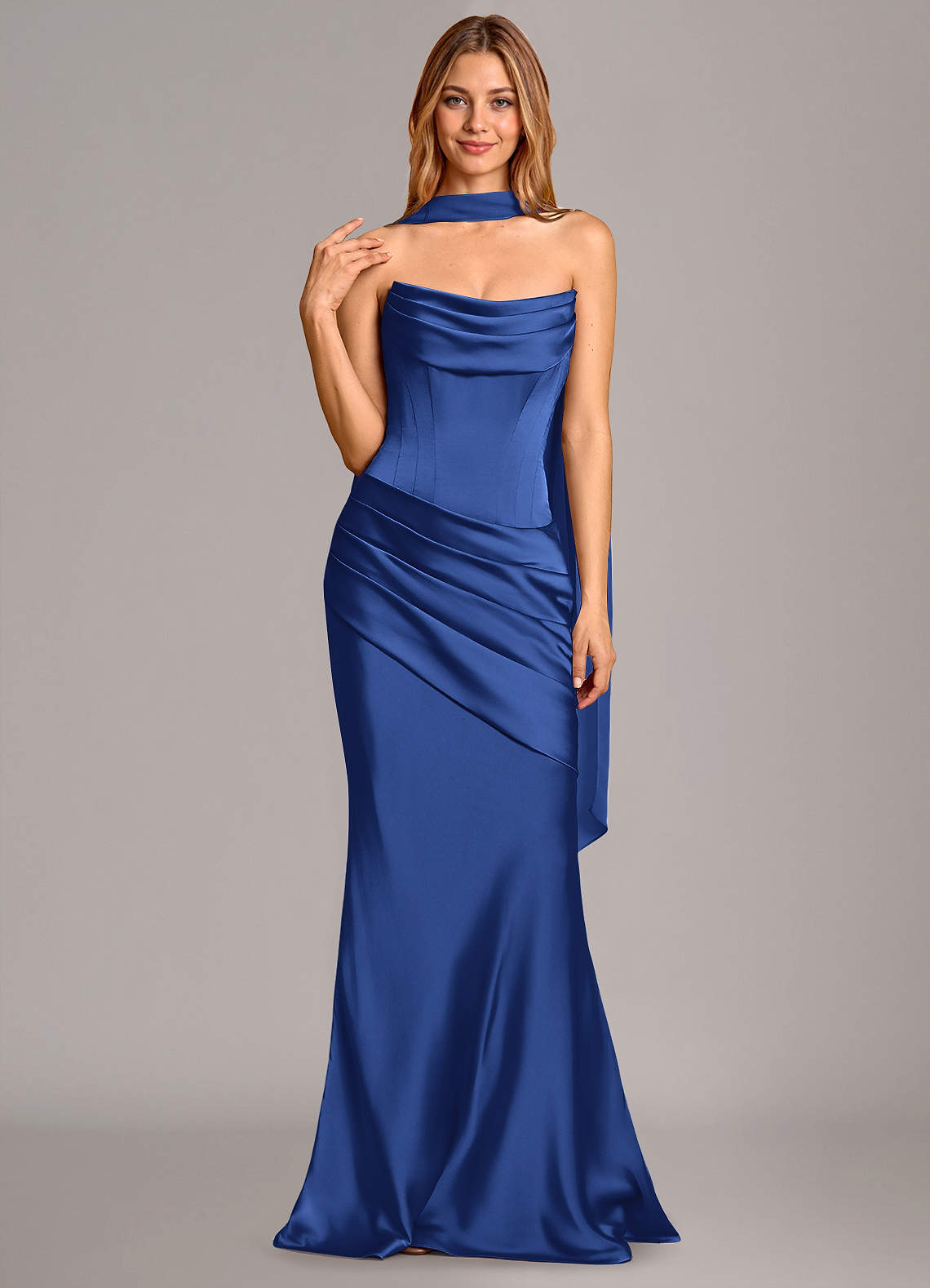 Pelagia Mermaid Cowl-Neck Stretch Satin Bridesmaid Dress in Royal Blue