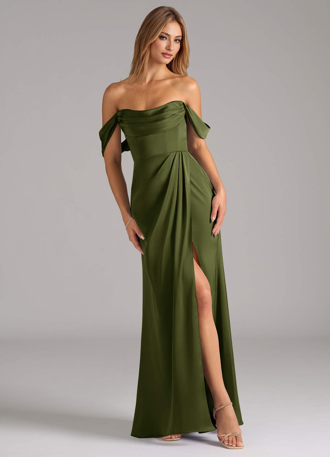 Johana Mermaid Off-the-Shoulder Stretch Satin Bridesmaid Dress in Olive