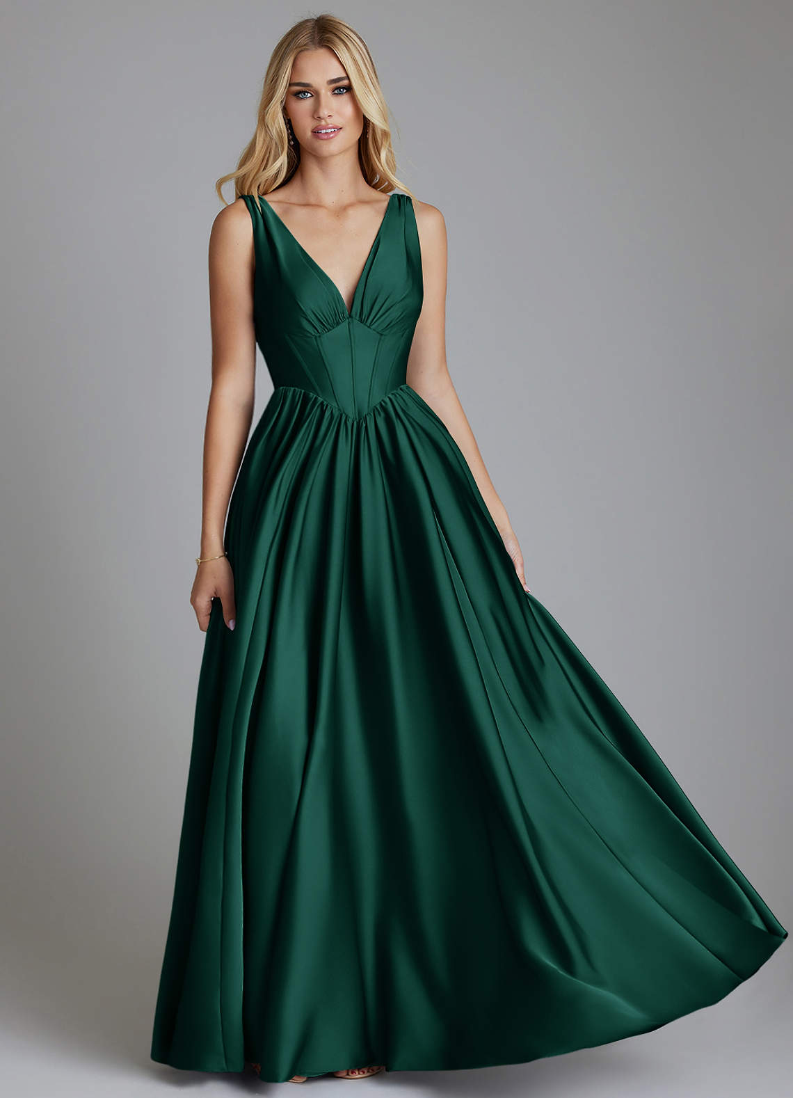 Delmie A-Line V-Neck Stretch Satin Bridesmaid Dress in Emerald