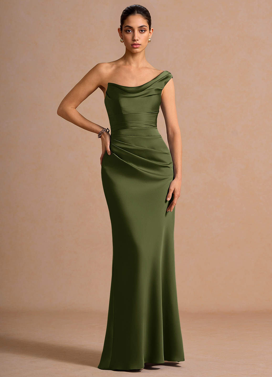 Cassiopeia One-Shoulder Draped Stretch Satin Evening Dress in Olive
