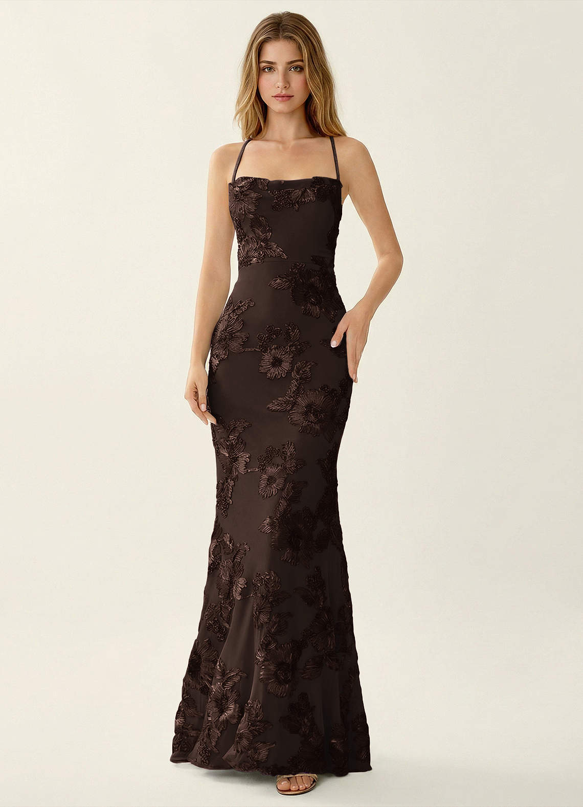 Kailani Mermaid Spaghetti-Strap Lace Evening Dress in Pale Purple