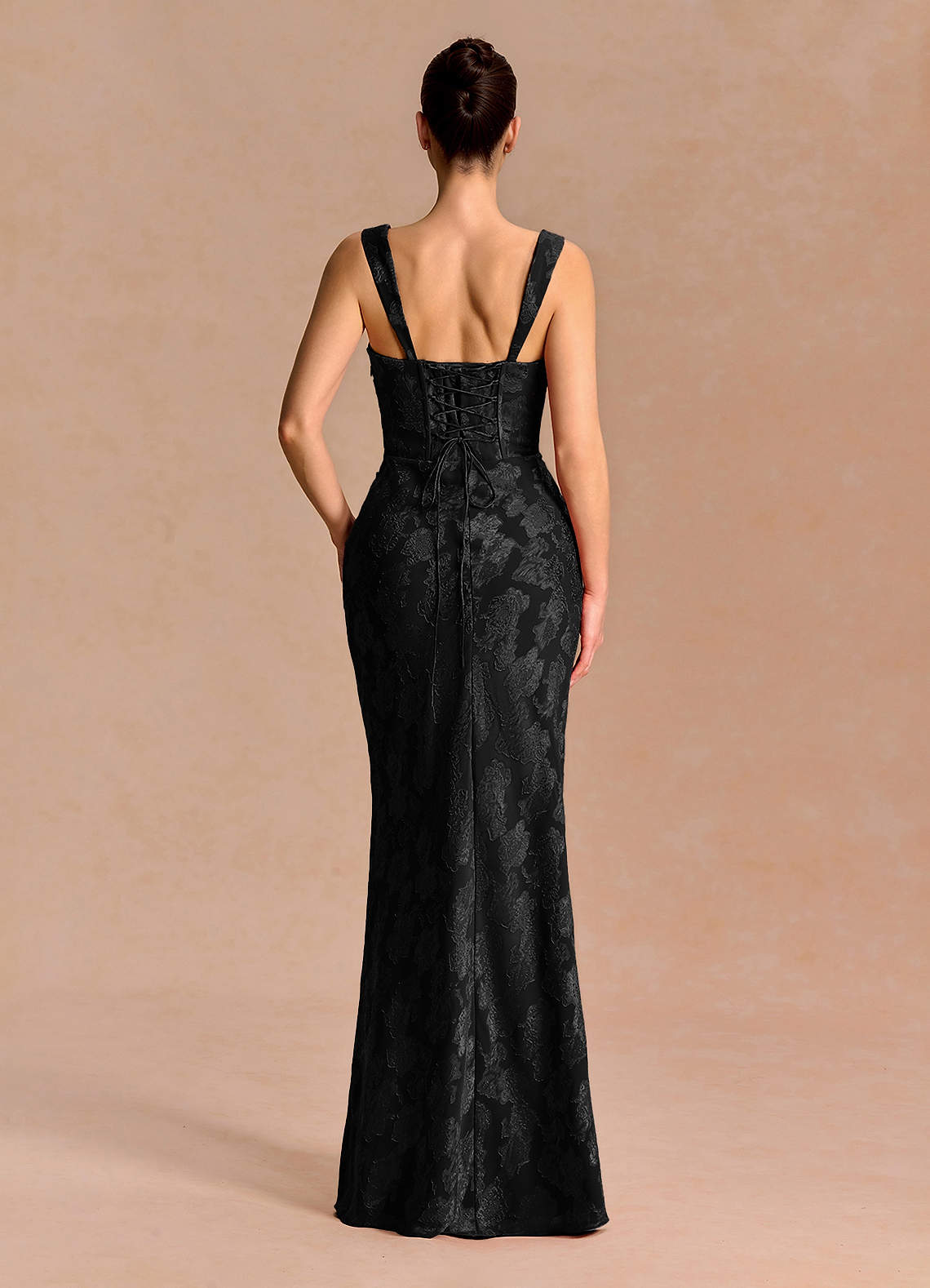 Agustina Square-Neck Pleated Fil Coupé Evening Dress in Black