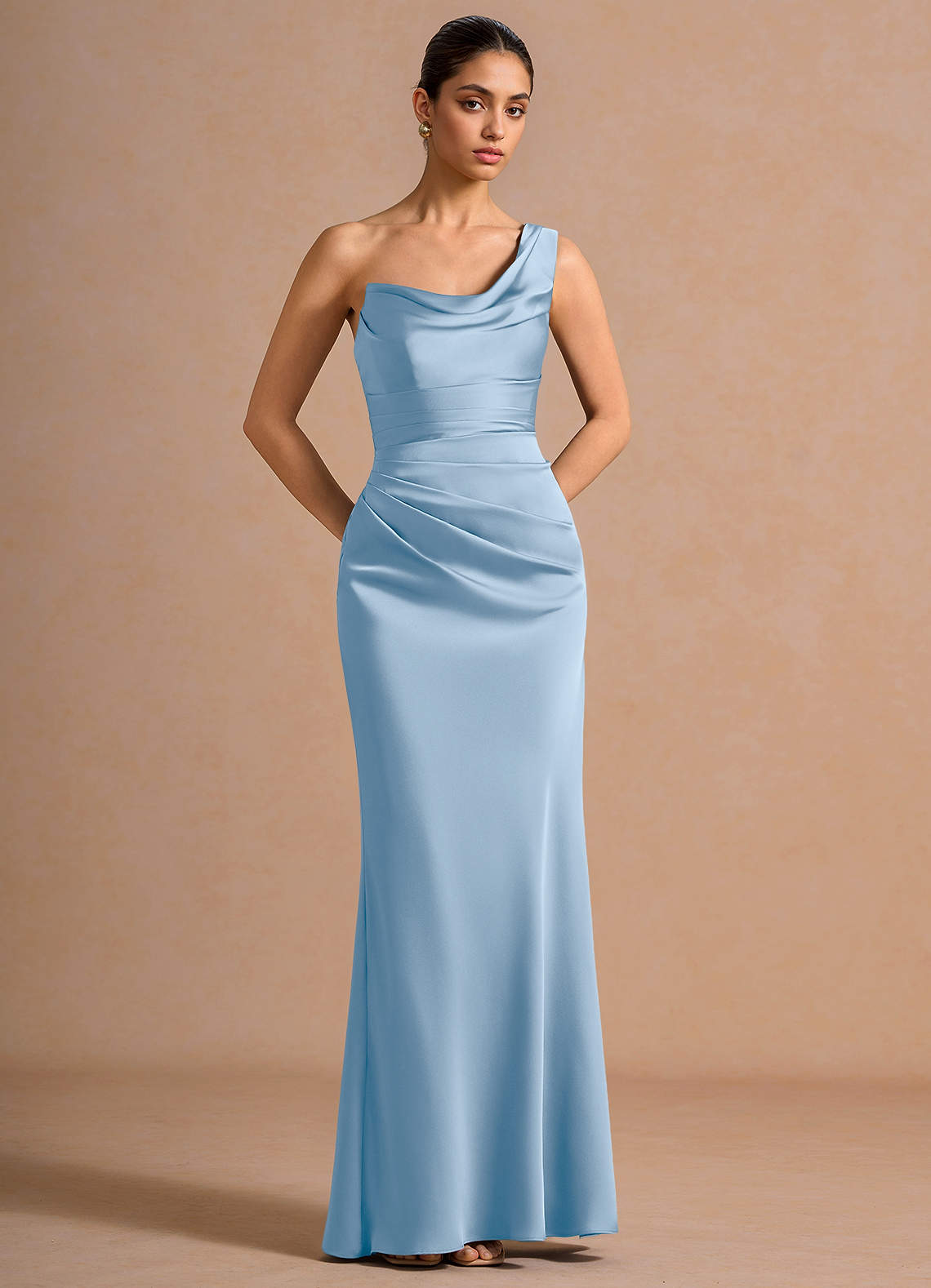 Cassiopeia One-Shoulder Draped Stretch Satin Evening Dress in Haze blue