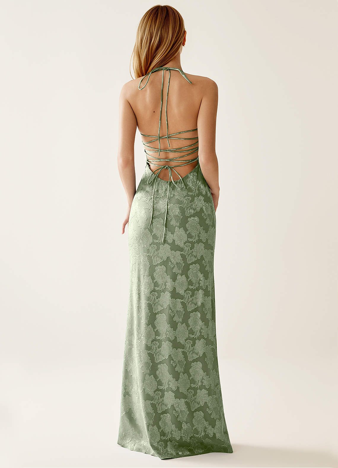 Angena Sheath Halter Floral Burnout Evening Dress in Light Green