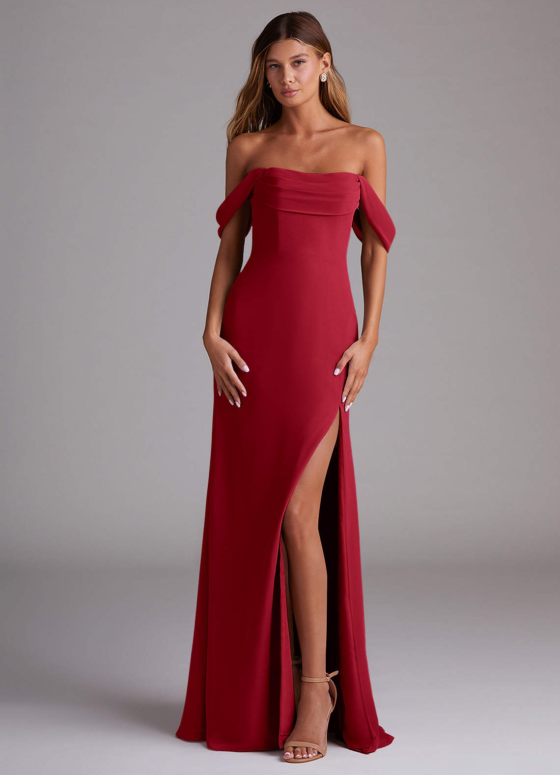 Saige A-Line Off-the-Shoulder Chiffon Bridesmaid Dress in Scarlet
