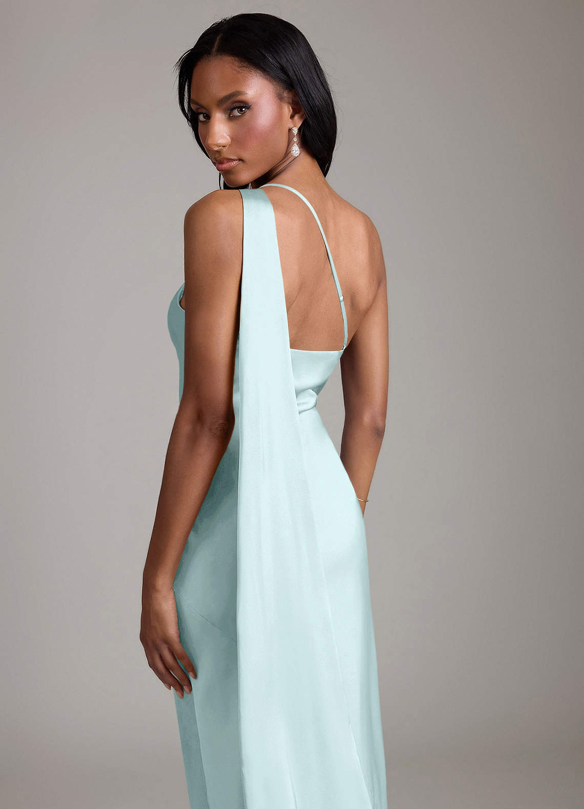 Juniper Mermaid One-Shoulder Stretch Satin Bridesmaid Dress in Sea Glass