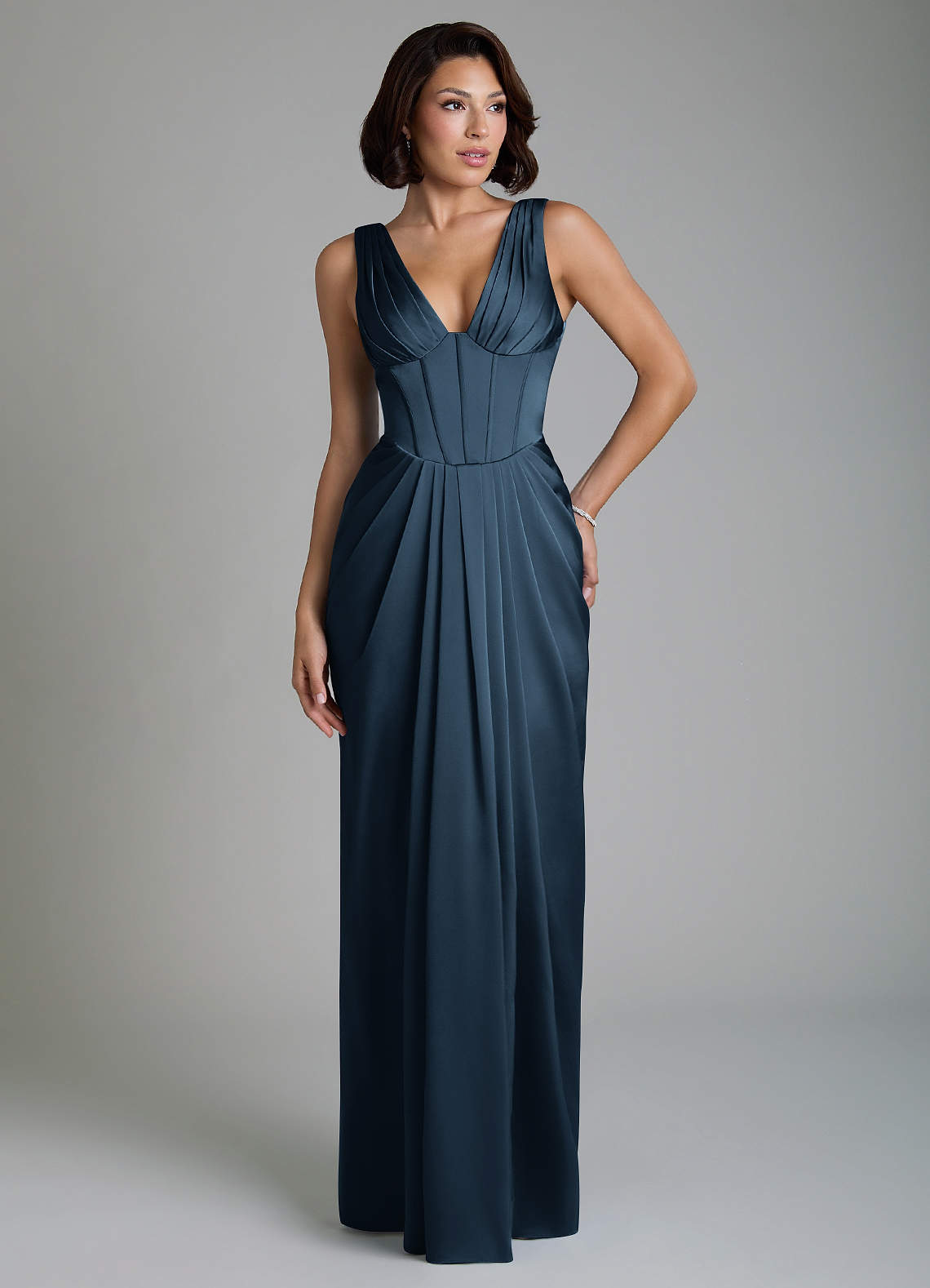 Vanya Sheath V-Neck Stretch Satin Bridesmaid Dress in Dark Navy