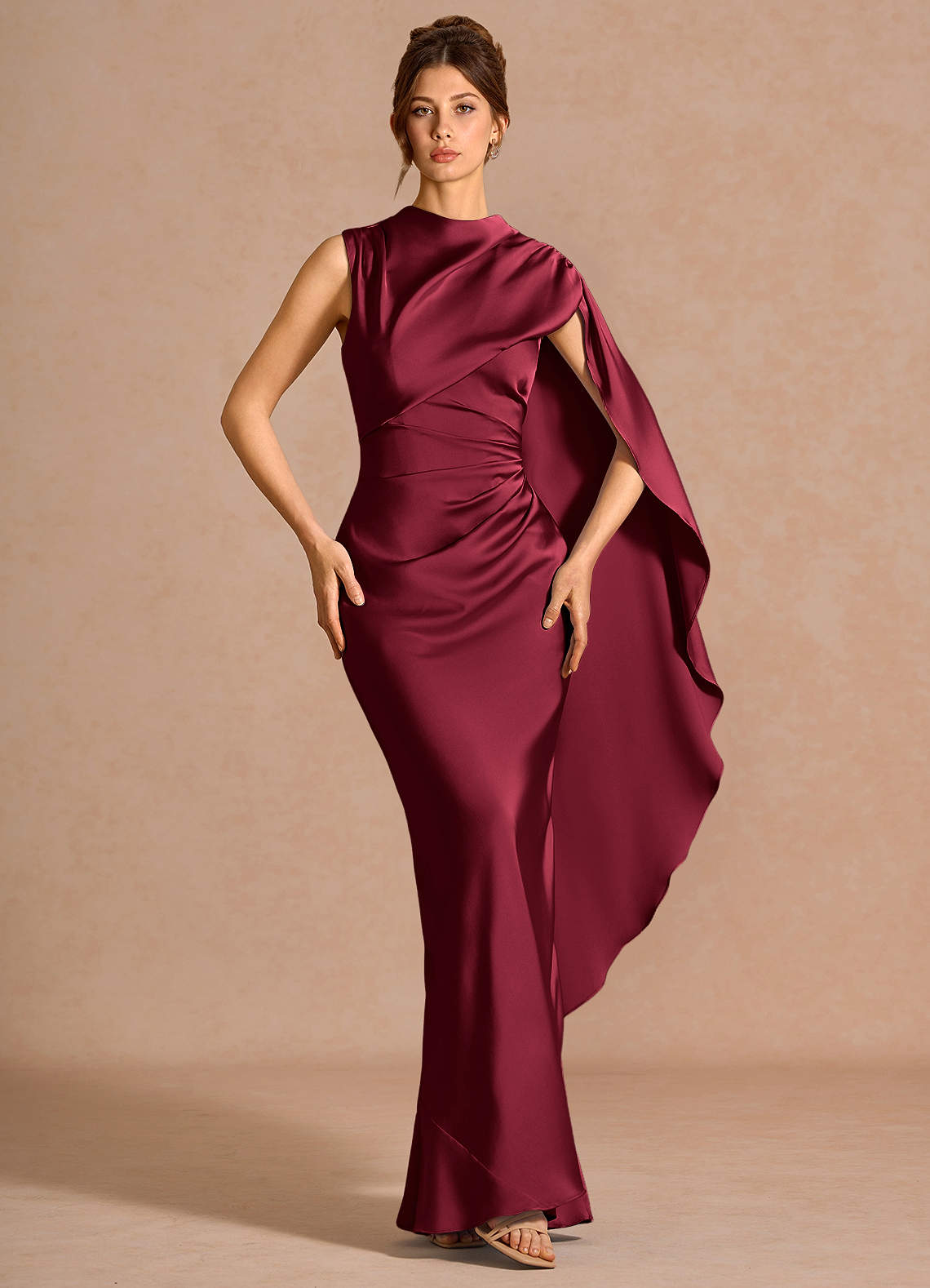 Chesney Cape-Sleeve Pleated Stretch Satin Wedding Guest Dress in Merlot