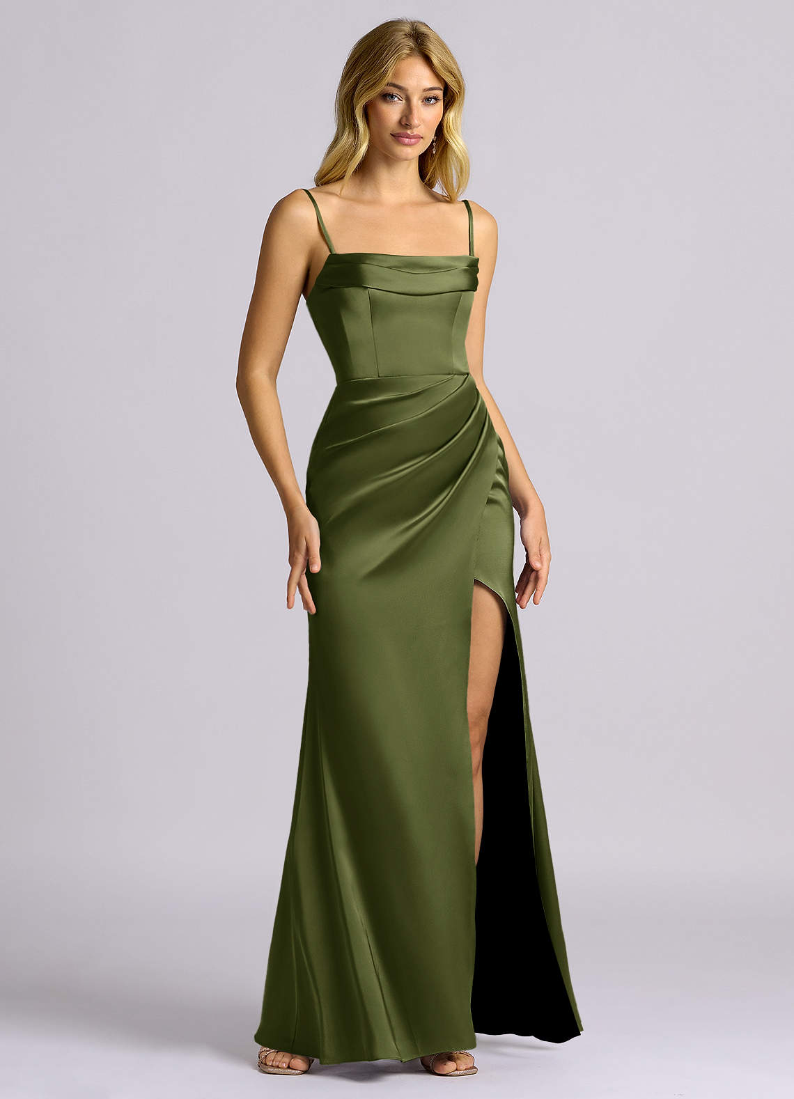 Auden Sheath Off-the-Shoulder Stretch Satin Bridesmaid Dress in Olive